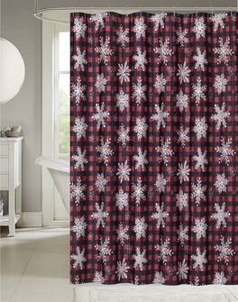 Kate Aurora - Holiday Living Sparkle Christmas Farmhouse Plaid Snowflakes Fabric Shower Curtain - Red