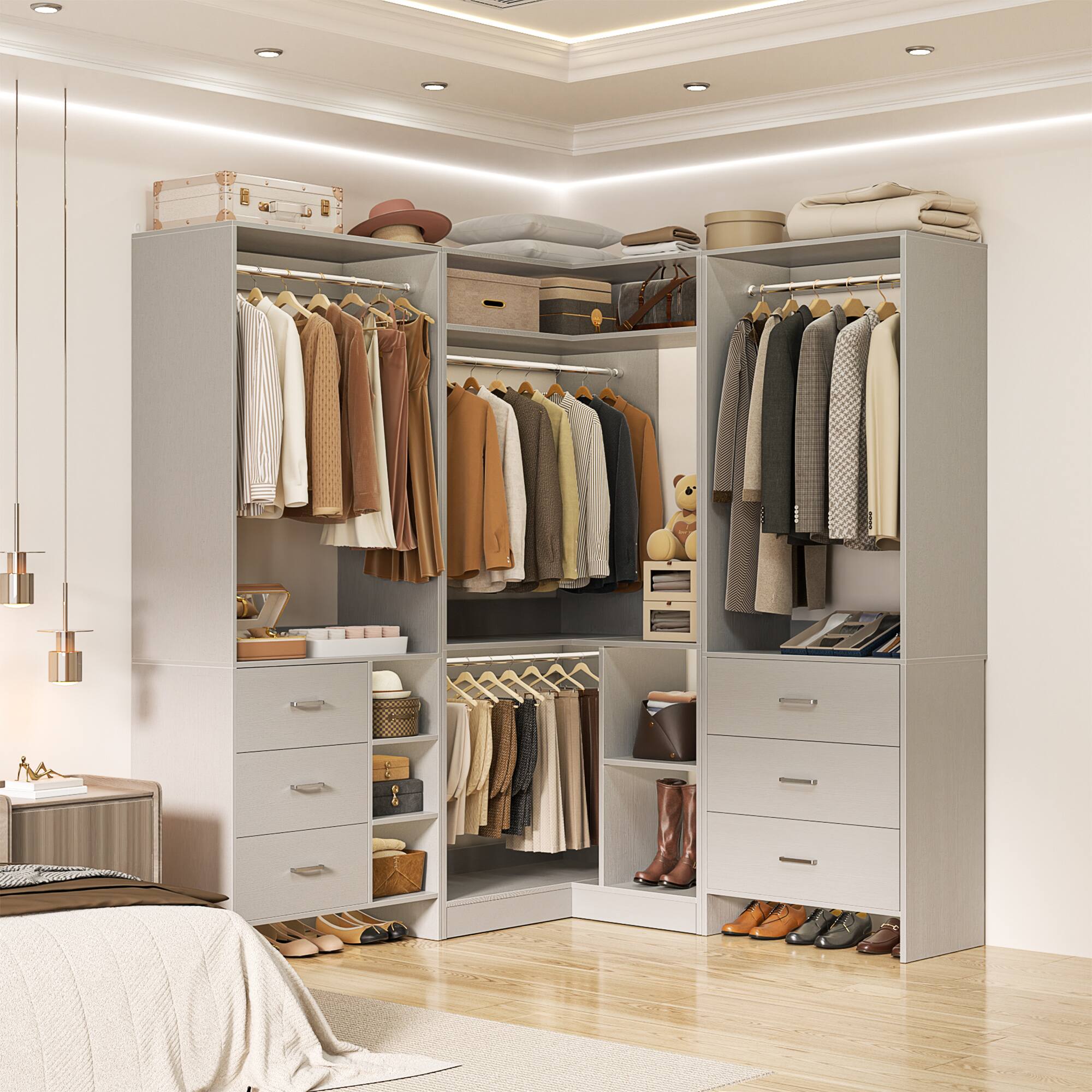 Alt View 5. Aheaplus - L Shaped Closet System with 6 Drawers, 4 Hanging Rods, and Corner Tower, 80.9'' Corner Wardrobe System, Reversible - Gray.