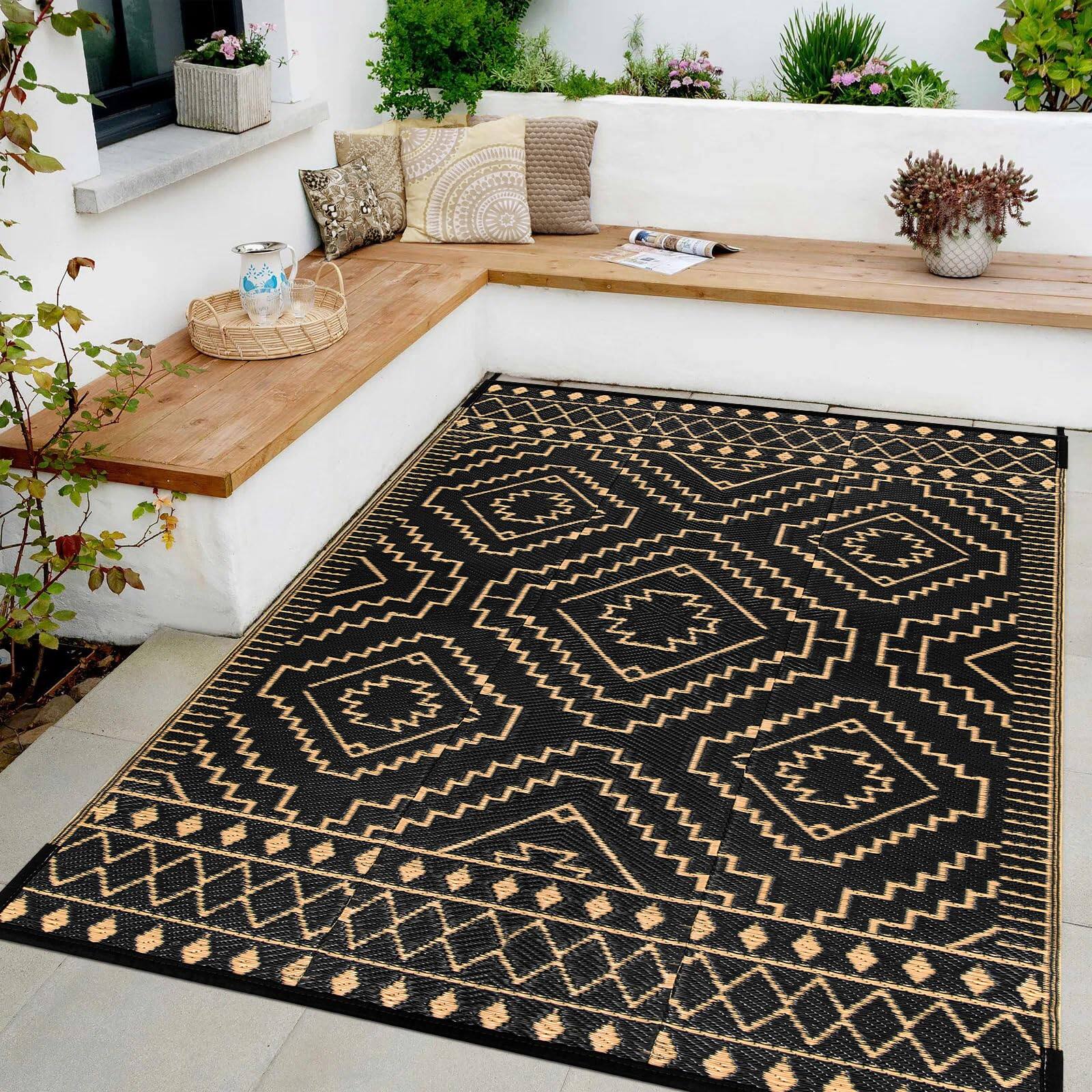 Alt View 5. Reds Spade - Outdoor Rug Waterproof Reversible Plastic Straw For Patio Clearance Moroccan Outside Area Rv Camping Indoor... - Black & Beige-3'11" x 5'11" (Rectangular).