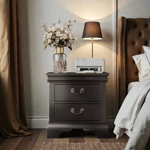 Alt View 2. LUCKY ONE - 22" Assembled Classic Wooden Nightstand 2-Drawer Antique Pulls - Black.