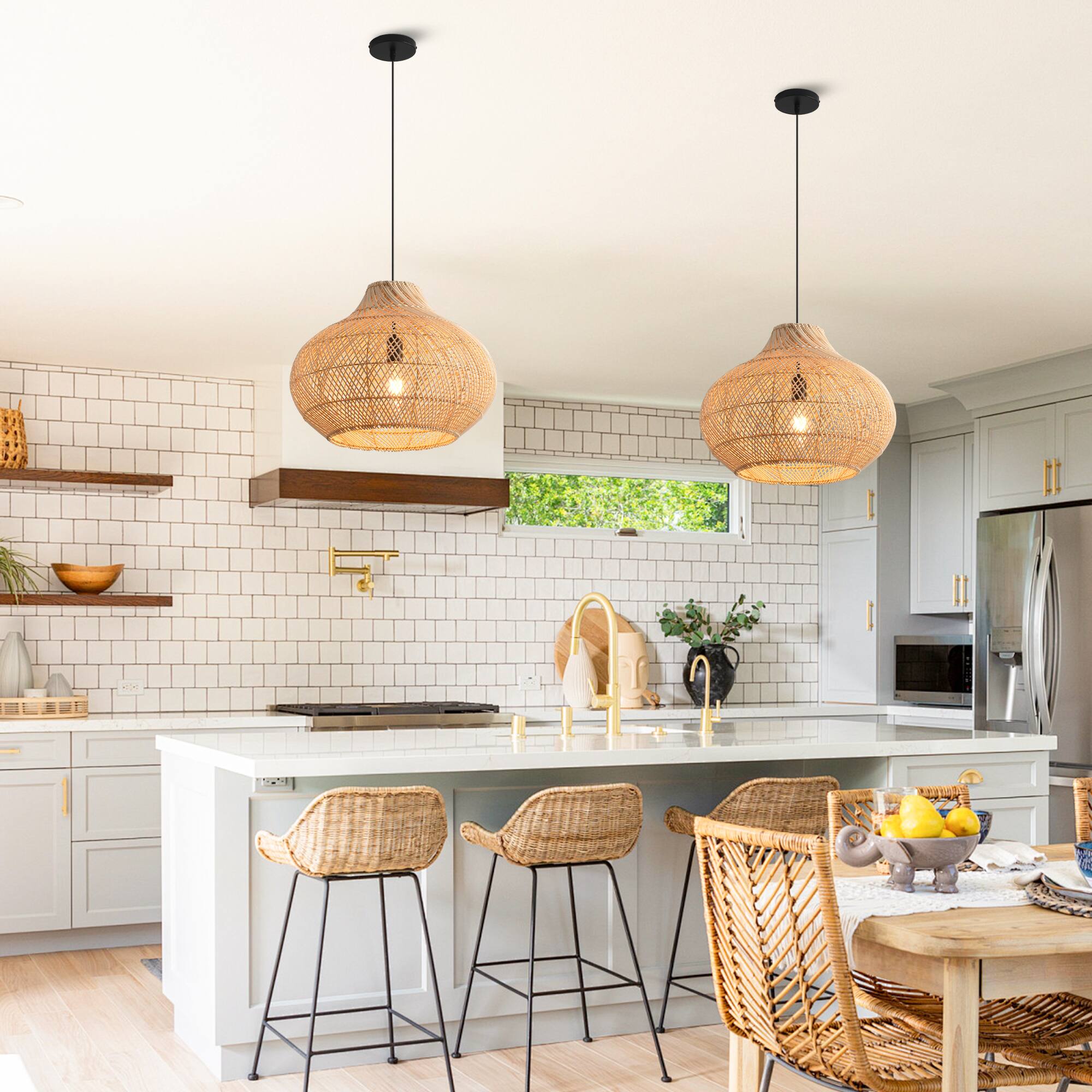 Angle. Parrot Uncle - 1-Light Retro Brown Rattan Hand-Woven Dome Hanging Pendant Light - Brown.