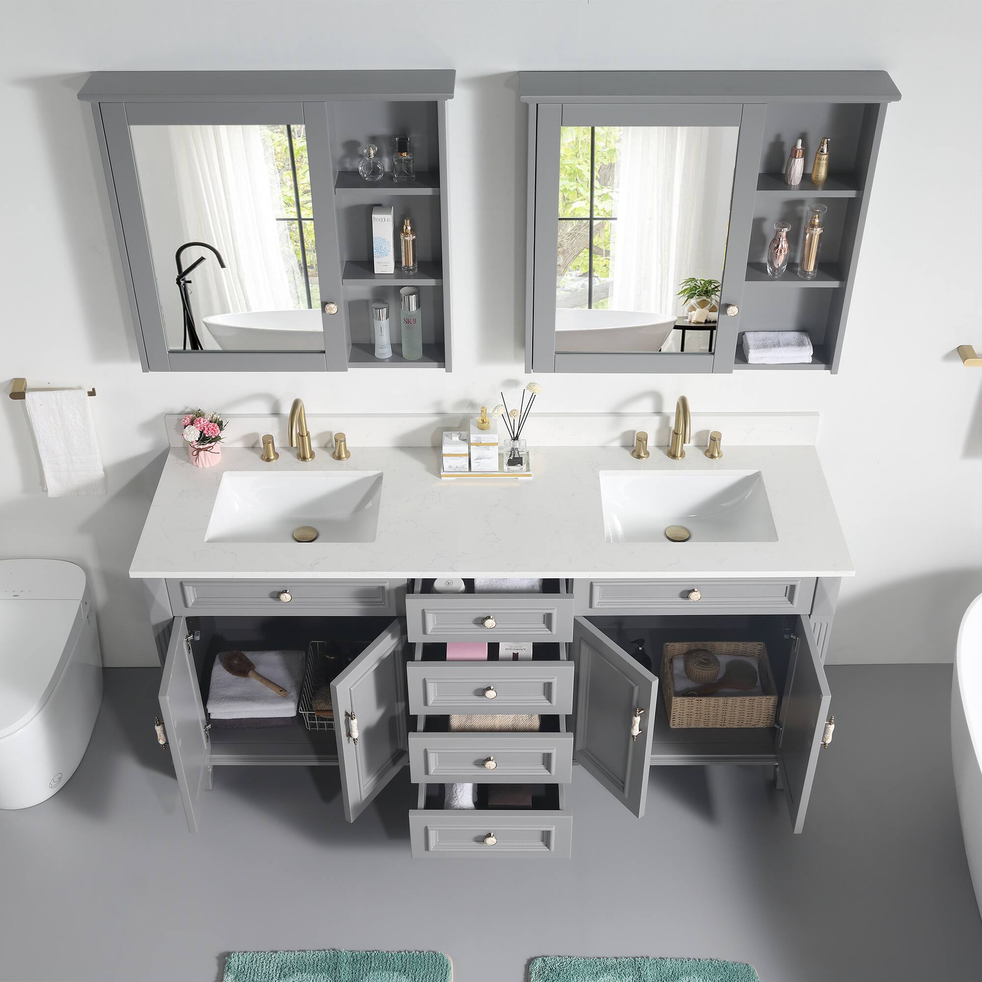 Left. WELLFOR - ARTWOOD 72 in. Solid Wood Bath Vanity with Quartz Top, Double Sink, Soft Close, Assembled - Gray.