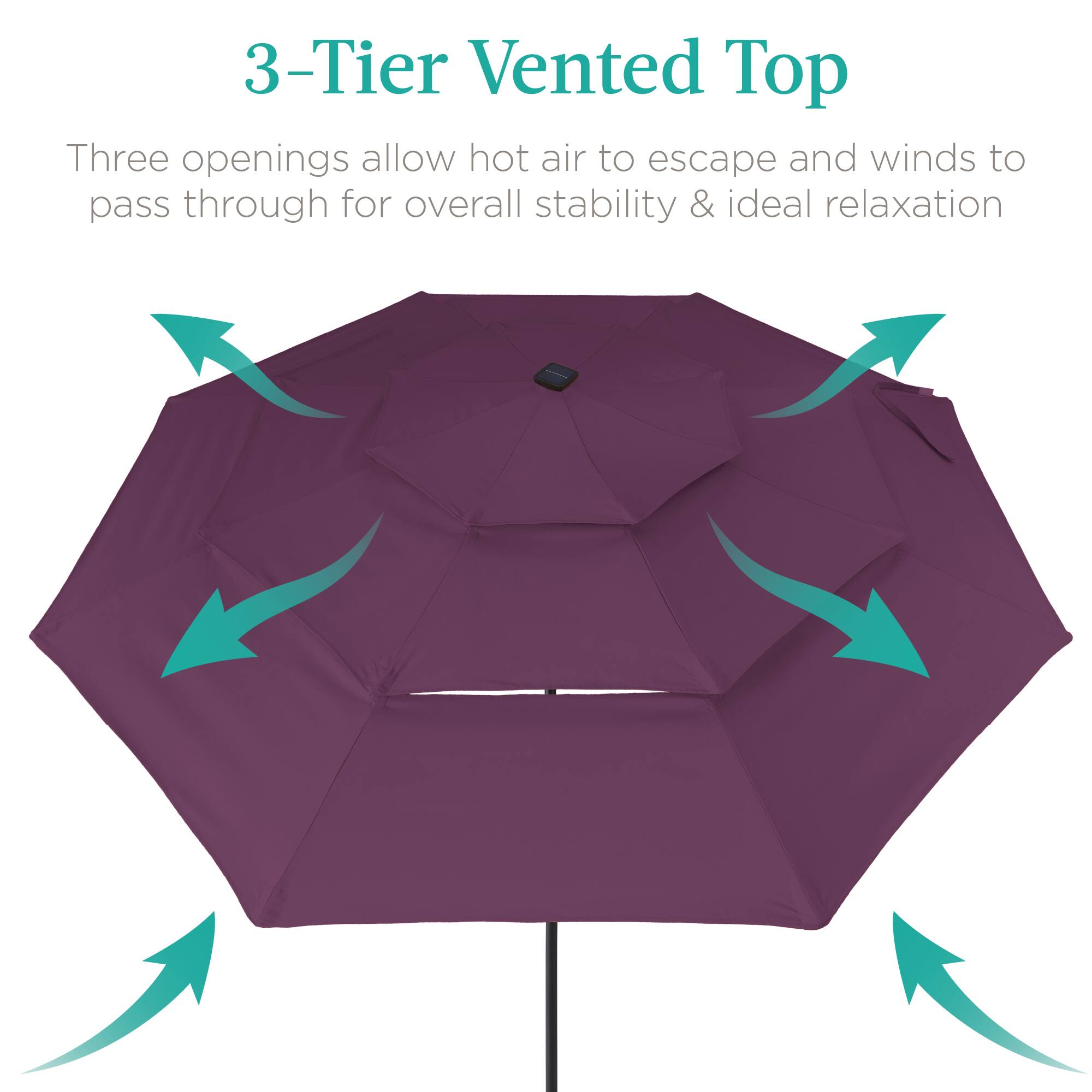 3-Tier Vented Top

Three openings allow hot air to escape and winds to pass through for overall stability & ideal relaxation