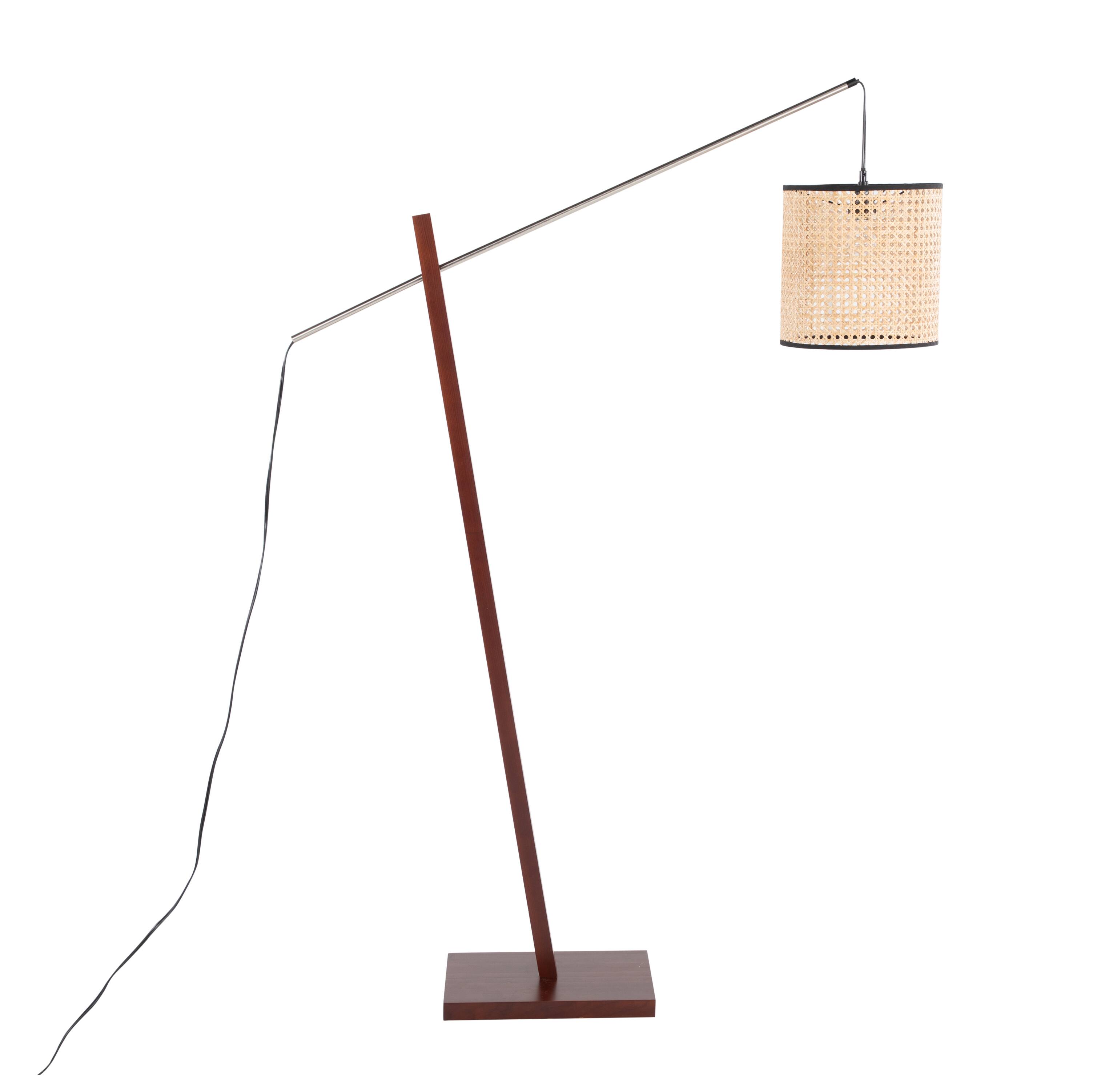 Left. Loheer - Loheer Contemporary Floor Lamp Walnut Wood Satin Nickel Rattan Shade 60 Inch Tall Modern Standing Lamp for Living Room - Walnut.