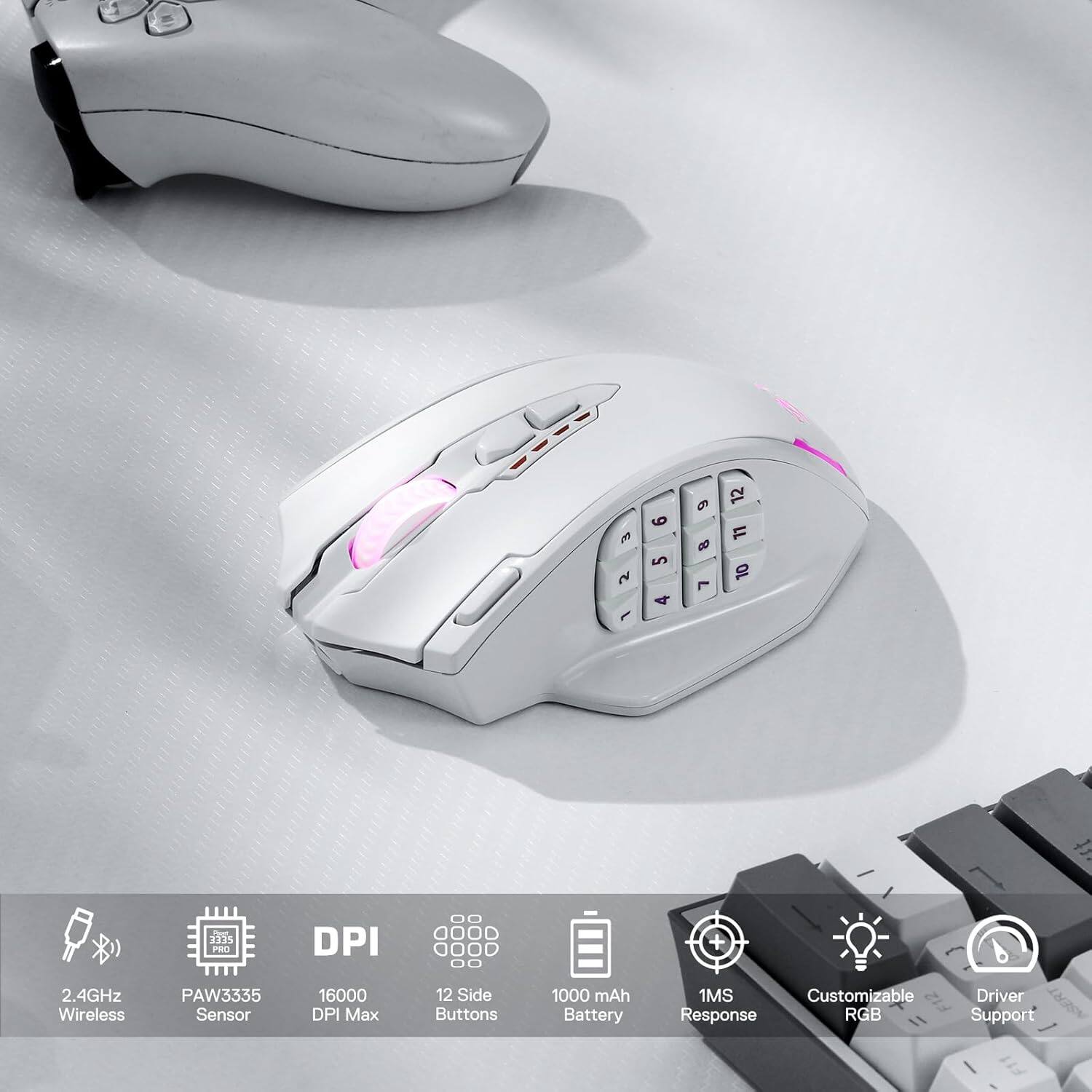 E 2 1  
6 5 4  
6 8 L  
12 LL 10  
Not. 3335 PRO  
DPI  
0000 0000  
2.4GHz Wireless  
PAW3335 Sensor  
16000 DPI Max  
12 Side Buttons  
1000 mAh Battery  
1MS Customizable Response RGB  
Driver Support