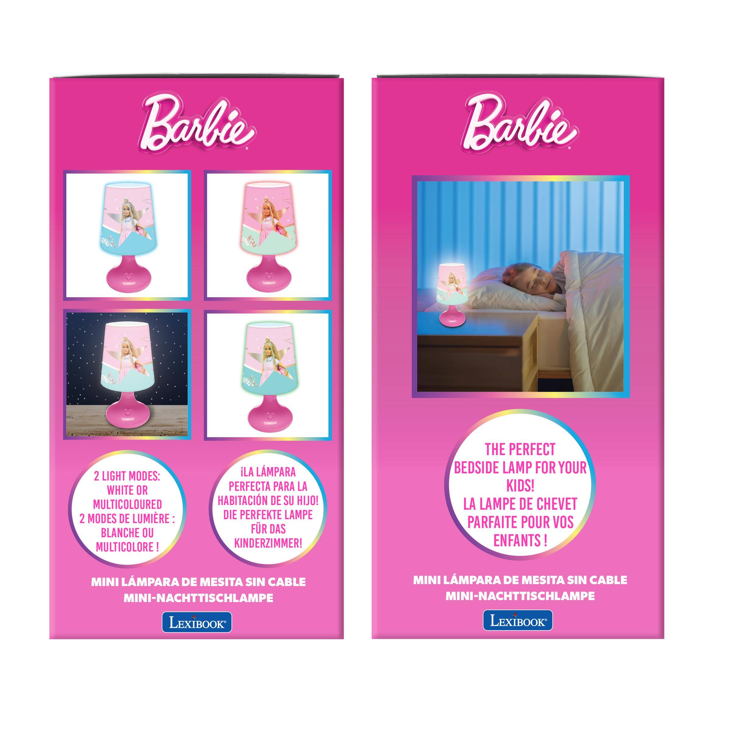 Barbie

2 LIGHT MODES: WHITE OR MULTICOLOURED  
2 MODES DE LUMIÈRE: BLANCHE OU MULTICOLORE!  
LA LAMPEA PERFECTA PARA LA HABITACIÓN DE SU HIJO!  
DIE PERFEKTE LAMPE FR DAS KINDERZIMMER!  
THE PERFECT BEDSIDE LAMP FOR YOUR KIDS!  
LA LAMPE DE CHEVET PARFAITE POUR VOS ENFANTS!  

MINI LAMPA DE MESITA SIN CABLE  
MINI-NACHTTISCHLAMPE  

LEXIBOOK