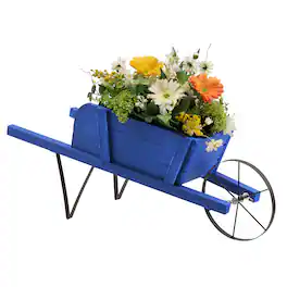 Costway - Wooden Wagon Planter Decorative Indoor/Outdoor Rustic Flower Cart with Wheel - Blue