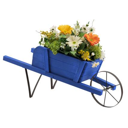 Front. Costway - Wooden Wagon Planter Decorative Indoor/Outdoor Rustic Flower Cart with Wheel - Blue.