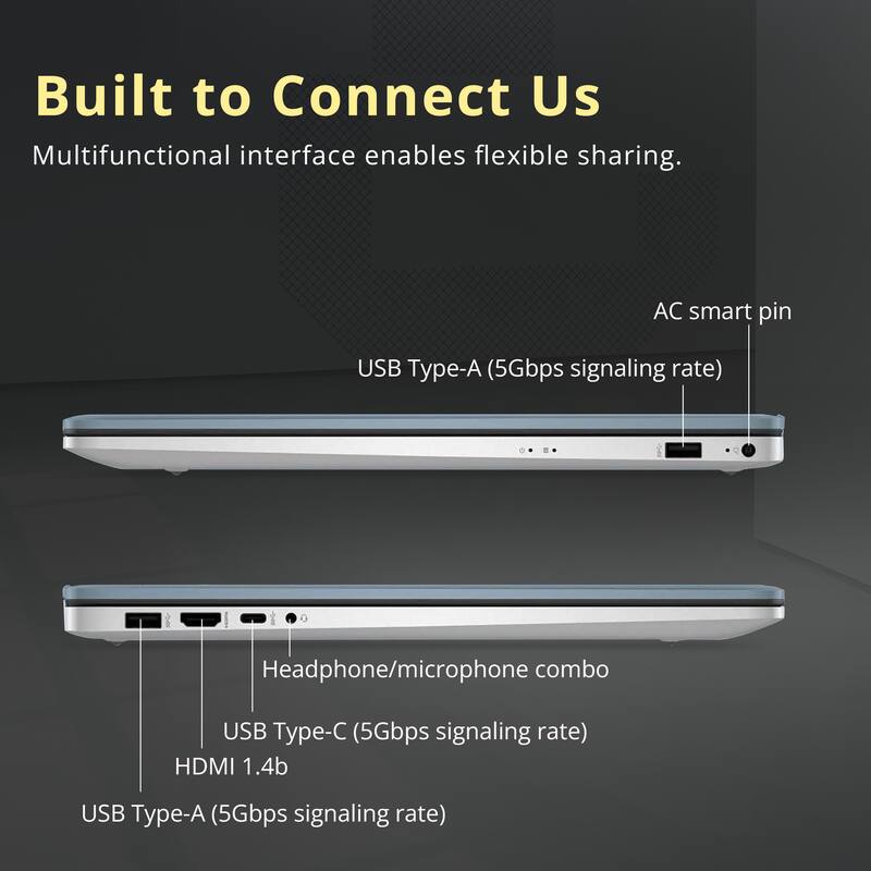 Built to Connect Us  
Multifunctional interface enables flexible sharing.  

- AC smart pin  
- USB Type-A (5Gbps signaling rate)  
- Headphone/microphone combo  
- USB Type-C (5Gbps signaling rate)  
- HDMI 1.4b  
- USB Type-A (5Gbps signaling rate)