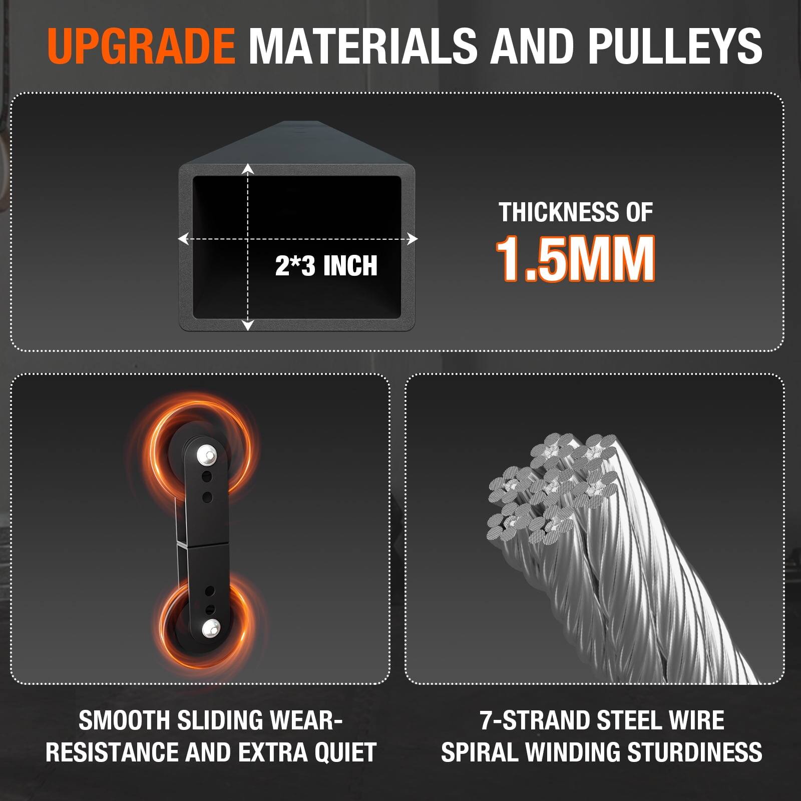 UPGRADE MATERIALS AND PULLEYS
2*3 INCH
THICKNESS OF 1.5MM
SMOOTH SLIDING WEAR- RESISTANCE AND EXTRA QUIET
7-STRAND STEEL WIRE SPIRAL WINDING STURDINESS