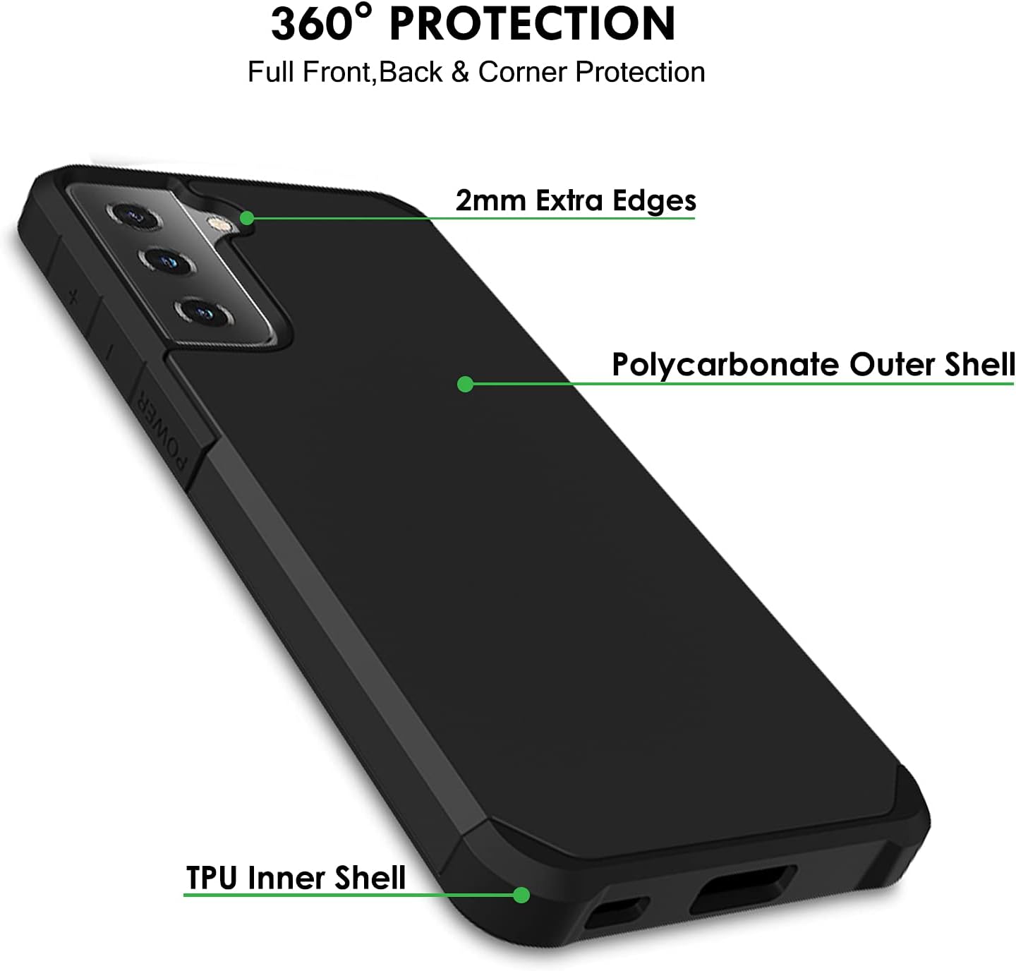 360° PROTECTION  
Full Front, Back & Corner Protection  
2mm Extra Edges  
Polycarbonate Outer Shell  
TPU Inner Shell