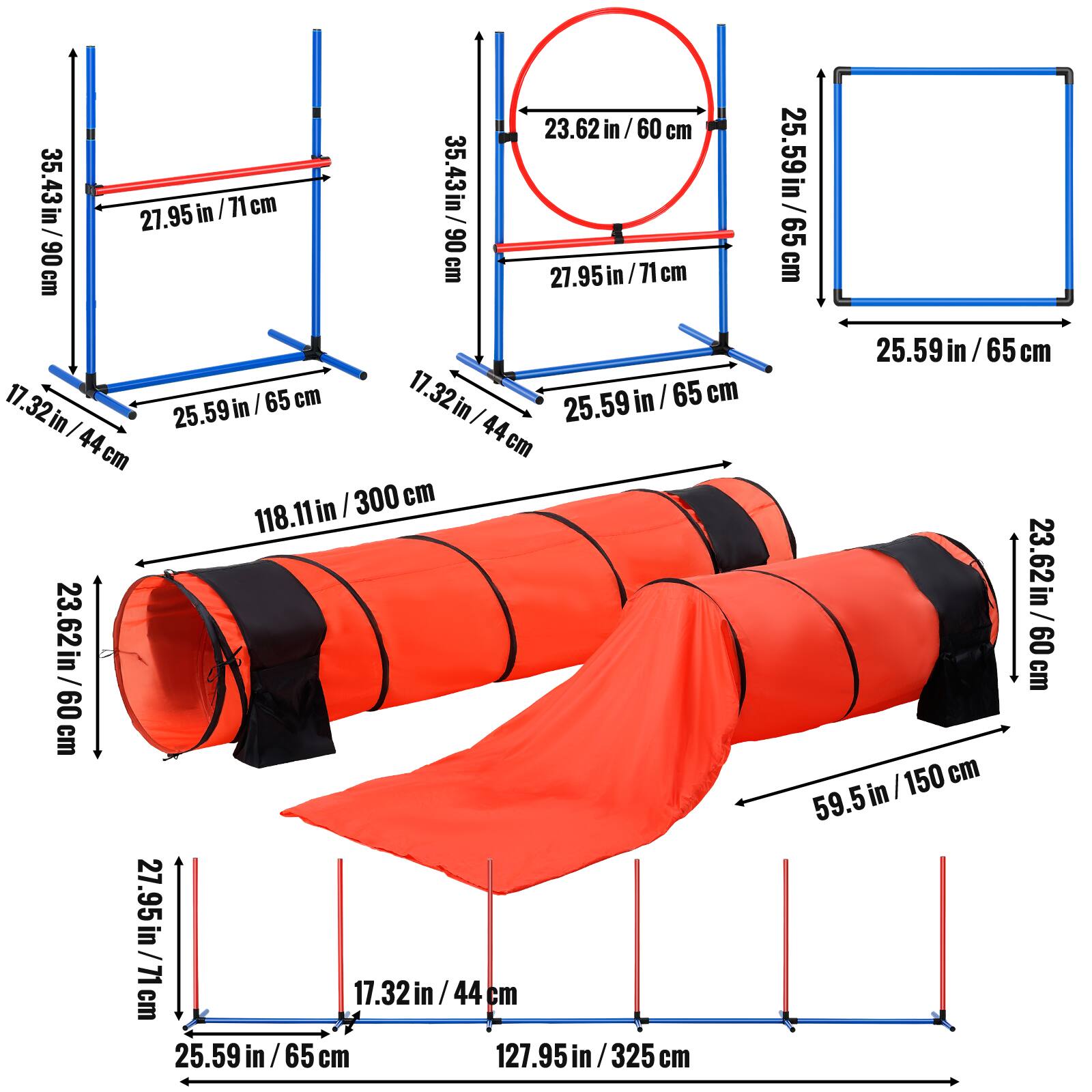 23.62 in/60 cm, 35.43in/90 cm, 27.95 in/71 cm, 17.32 in/44 cm, 25.59 in/65 cm, 118.11in/300 cm, 127.95in/325cm, 59.5 in/150 cm.