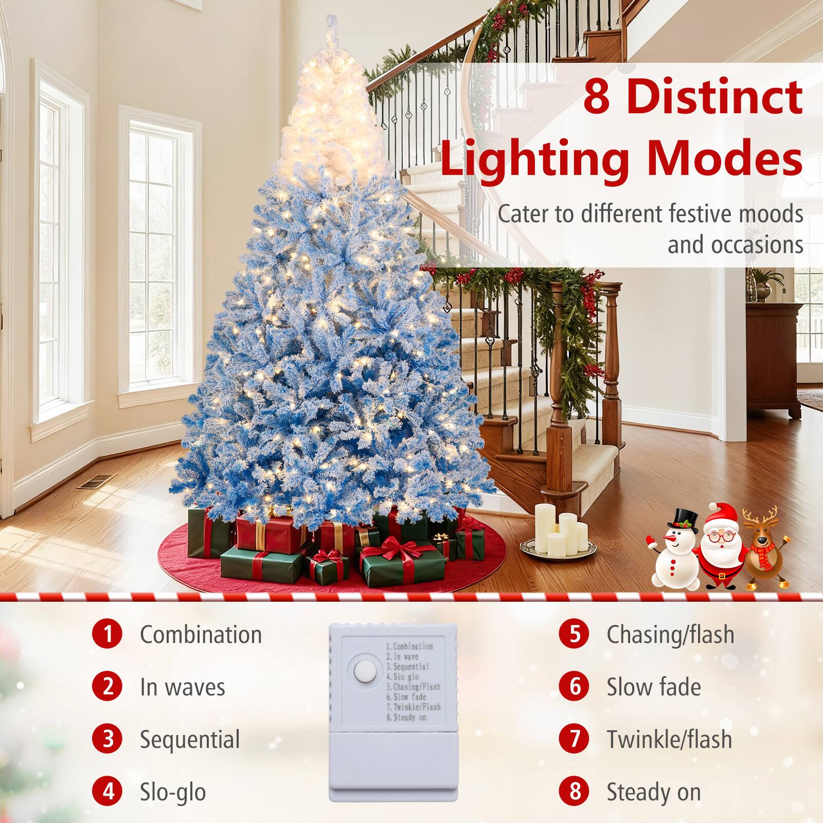 8 Distinct Lighting Modes  
Cater to different festive moods and occasions

1. Combination
2. In waves
3. Sequential
4. Slo-glo
5. Chasing/flash
6. Slow fade
7. Twinkle/flash
8. Steady on