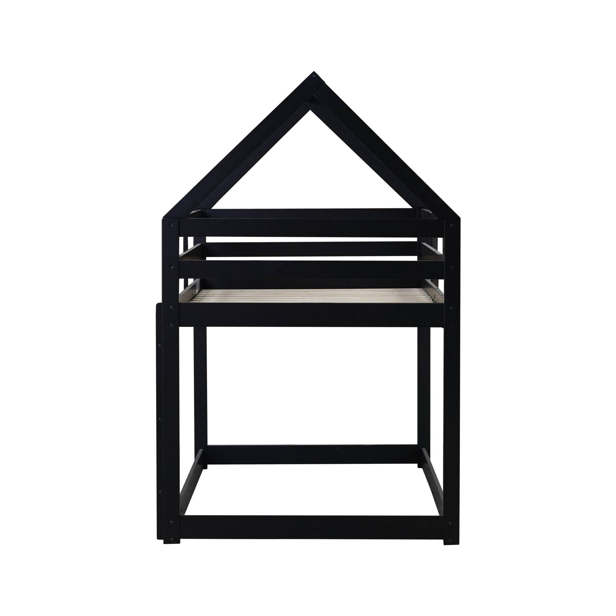 Alt View 5. GOODSILO - House-Shaped Twin Over Twin Rubber Wood Bunk Bed with Ladder and Guardrails for Kids - Black.