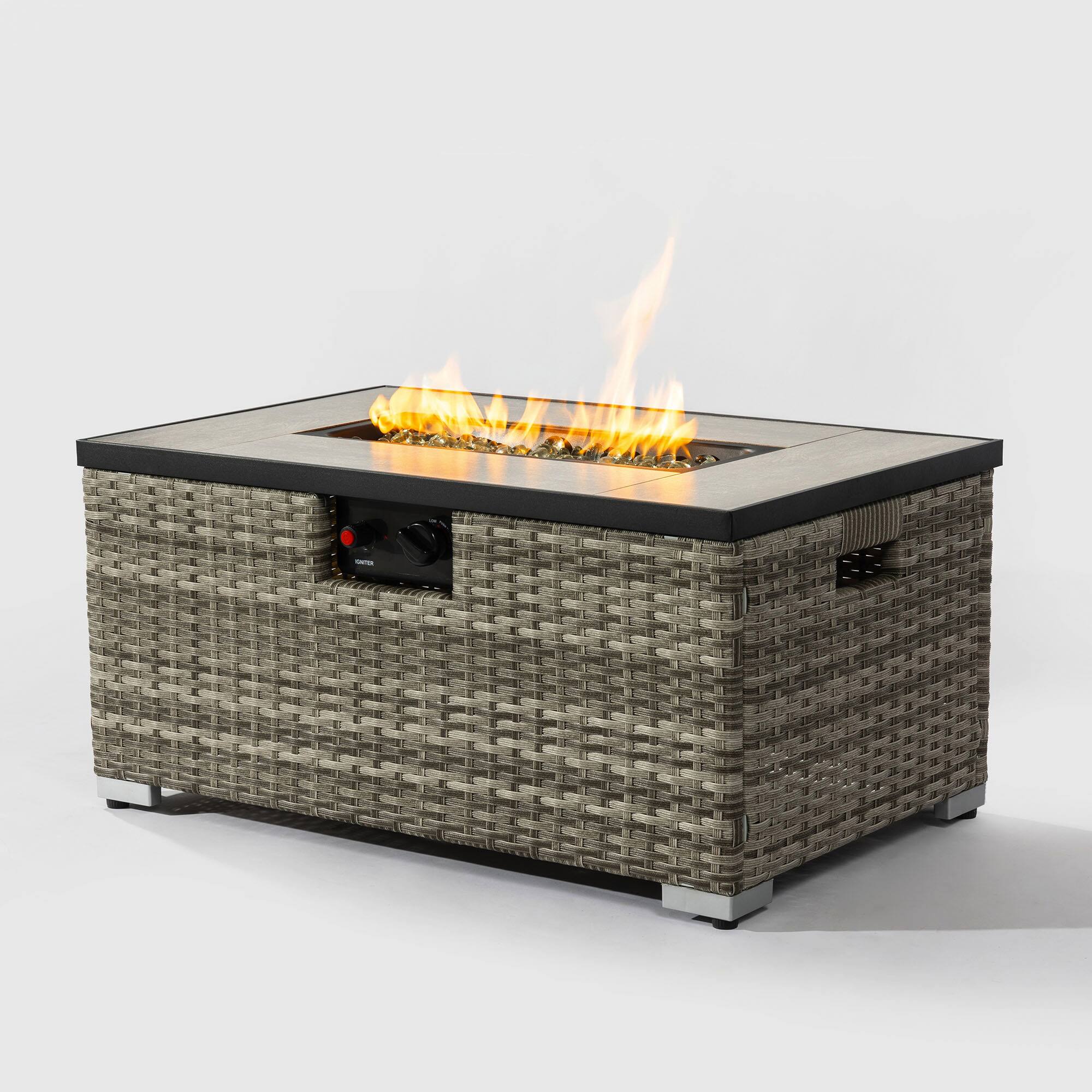 Alt View 5. Spaco - 32" Propane Fire Pit Table with Tank Cover, 50000 BTU Rectangular Steel Firepit with Wicker Base - Beige.