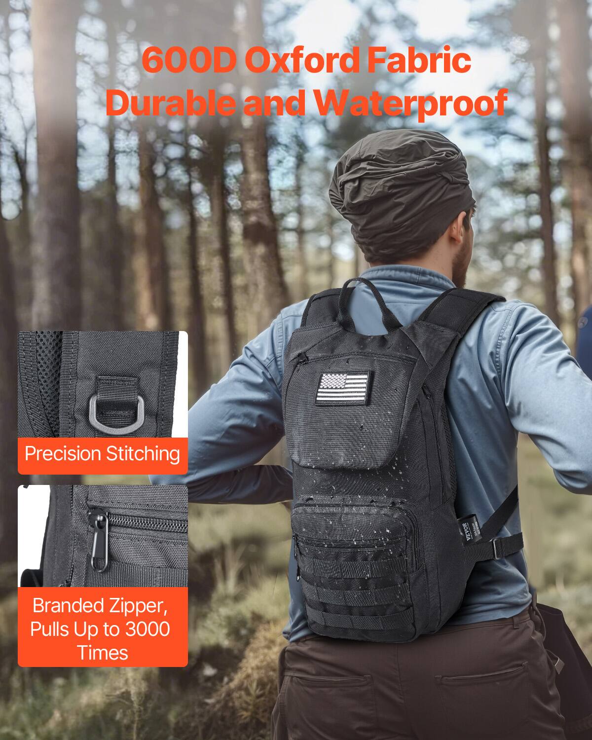 600D Oxford Fabric  
Durable and Waterproof  

Precision Stitching  

Branded Zipper, Pulls Up to 3000 Times