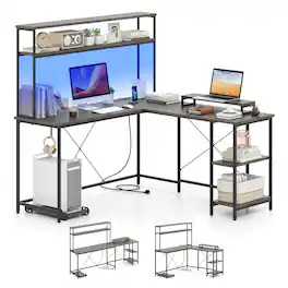 Costway - L-Shaped Gaming Desk with LED Strip & Power Outlets Hutch Monitor Stand CPU Stand Gray - Gray & Black
