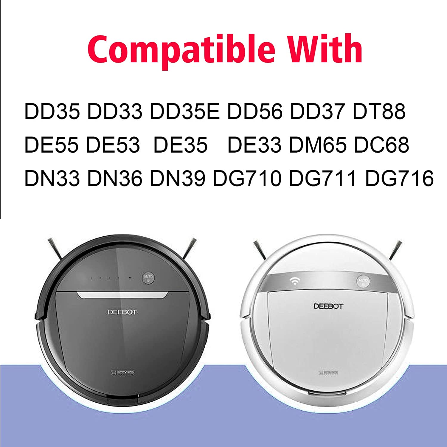 Compatible With

DD35 DD33 DD35E DD56 DD37 DT88  
DE55 DE53 DE35 DE33 DM65 DC68  
DN33 DN36 DN39 DG710 DG711 DG716  

DEEBOT