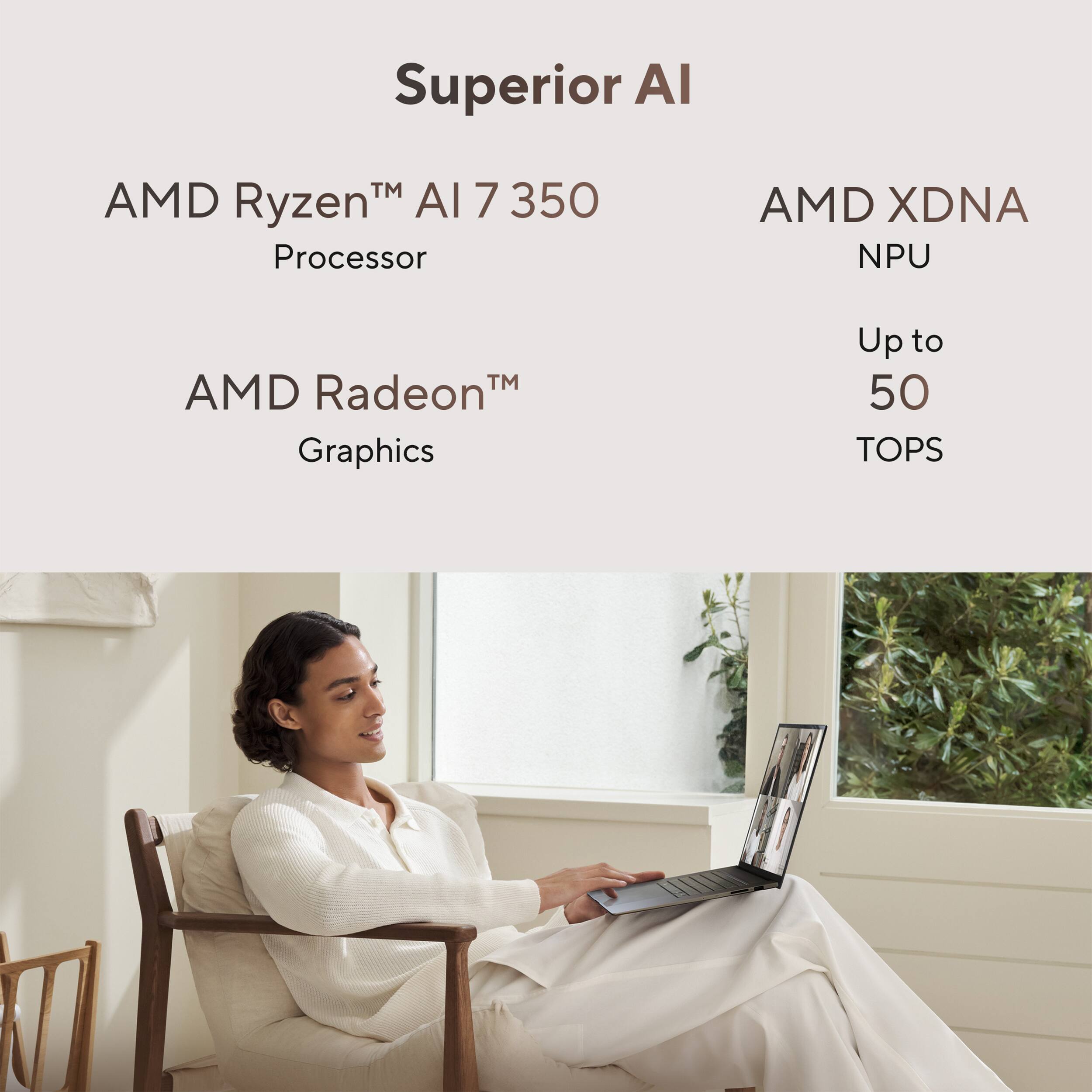 Superior AI: AMD Ryzen 7 350 Processor, AMD XDNA NPU, AMD Radeon Graphics, Up to 50 TOPS.