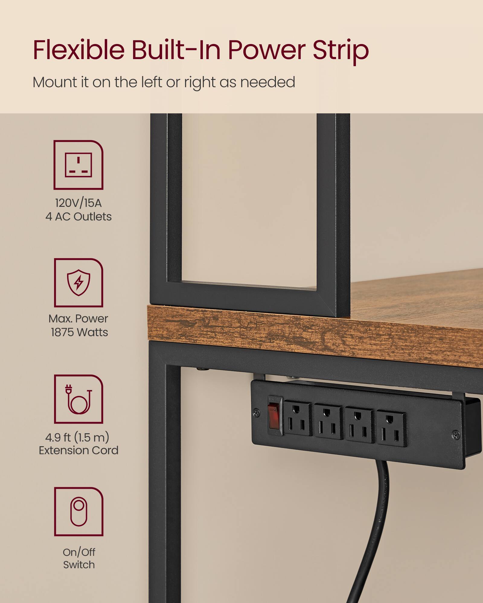 Flexible Built-In Power Strip  
Mount it on the left or right as needed  
120V/15A  
4 AC Outlets  
Max. Power 1875 Watts  
4.9 ft (1.5 m) Extension Cord  
On/Off Switch