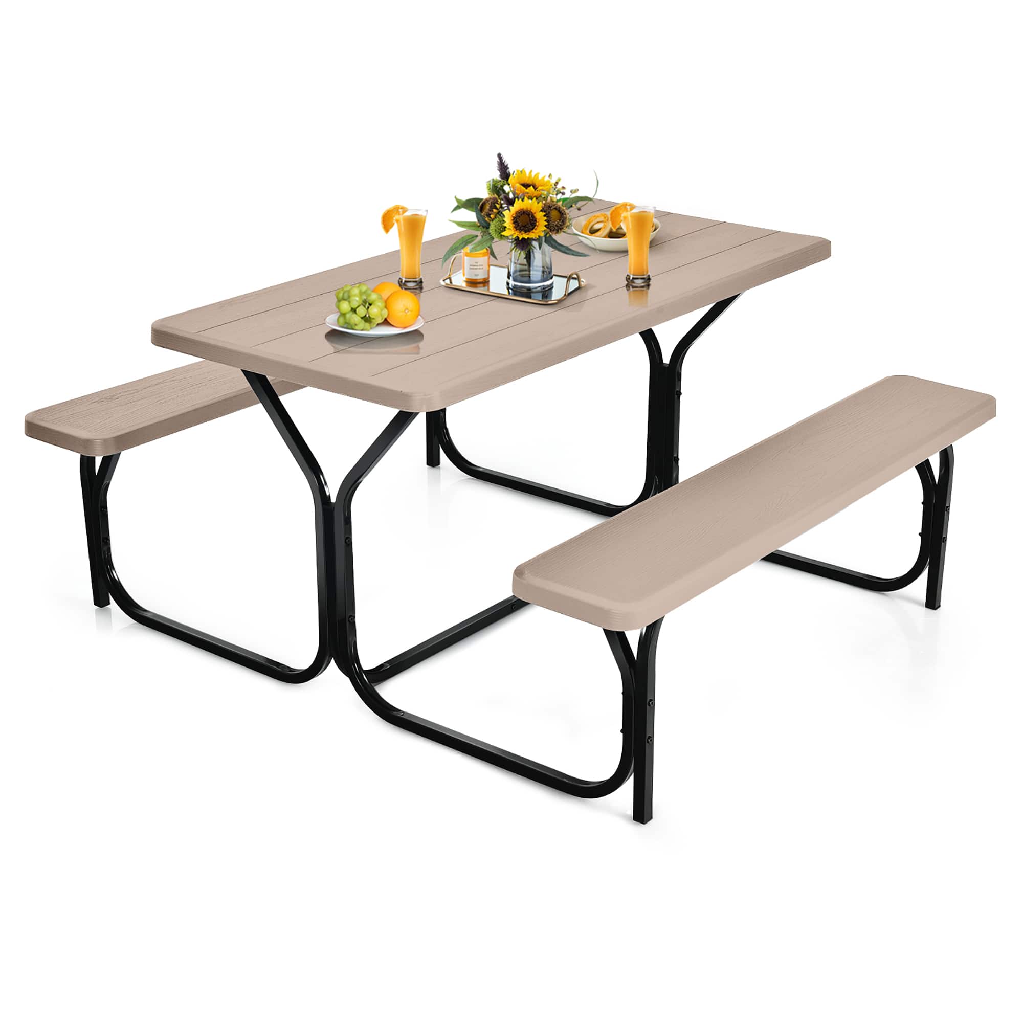 Gymax - Picnic Table Camping Picnic Bench Set Backyard Garden Patio Dining Party - Wood Color