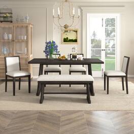 LUCKY ONE - 6-Piece Rustic Farmhouse Dining Set with Rectangular Dining Table, Bench and 4 Upholstered Linen Chairs - Espresso