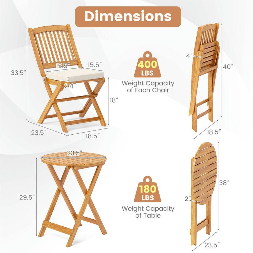 Dimensions:
- Chair: 33.5" (height) x 15.5" (width) x 2.4" (seat thickness) x 18" (seat depth) x 23.5" (leg width) x 18.5" (leg length) x 15.5" (back height)
- Table: 40" (height) x 23.5" (diameter) x 29.5" (leg height)

Weight Capacity:
- Each Chair: 400 LBS
- Table: 180 LBS
