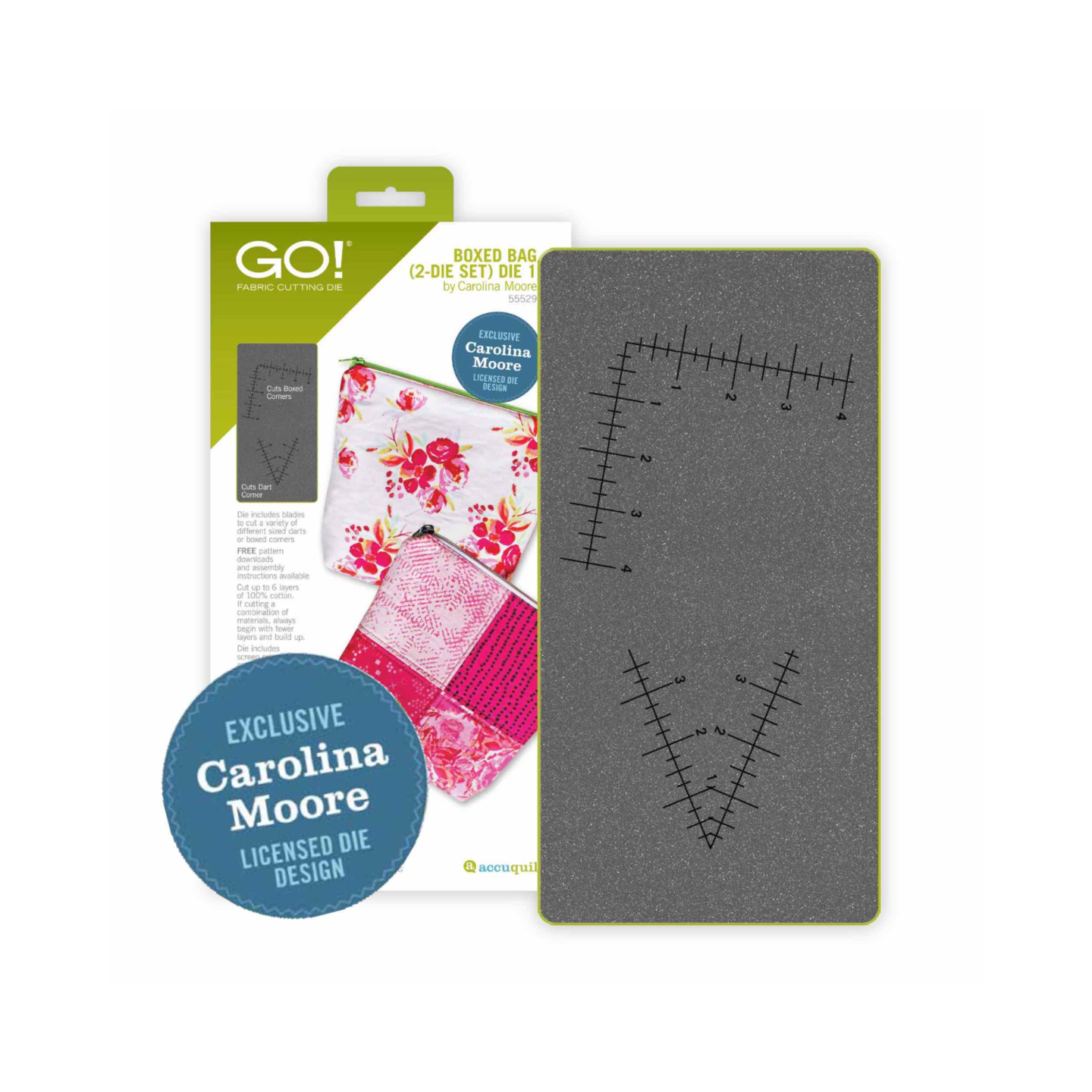 GO! FABRIC CUTTING DIE BOXED BAG (2-DIE SET) DIE 1 by Carolina Moore 560% da - Gumers EXCLUSIVE Carolina Moore LIENSOD DEE 0SICa - 2 E - 2 L - i Oe incoates startos . m varaty of artoant sined sarts - n cmers O0E - dertads and assemtily intasctuns Aene  - - 4 - - 2007% - d gotbn comtination a materians ansn sege wen fowpr sir - kauke - De nt - 3 A EXCLUSIVE Carolina Moore LICENSED DIE DESIGN accuquil E 2 2 L