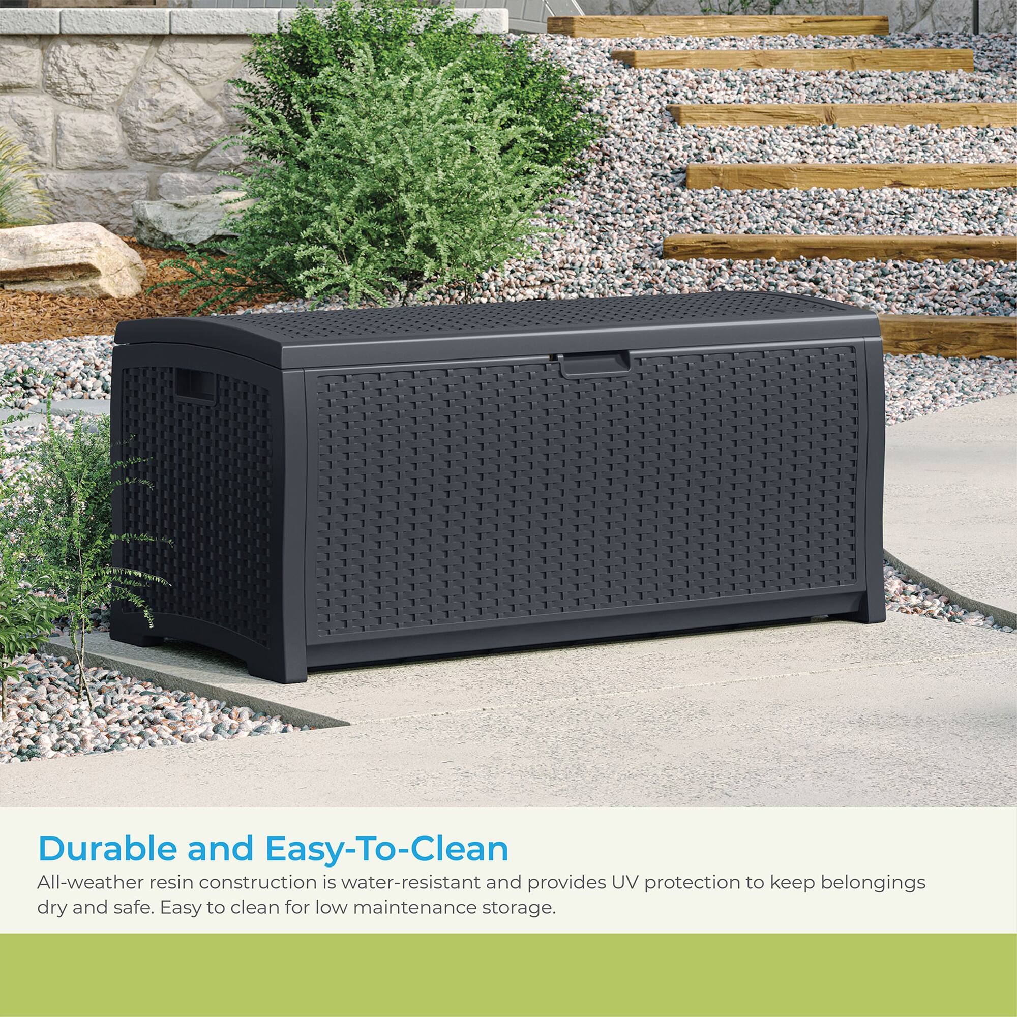 Durable and Easy-To-Clean

All-weather resin construction is water-resistant and provides UV protection to keep belongings dry and safe. Easy to clean for low maintenance storage.