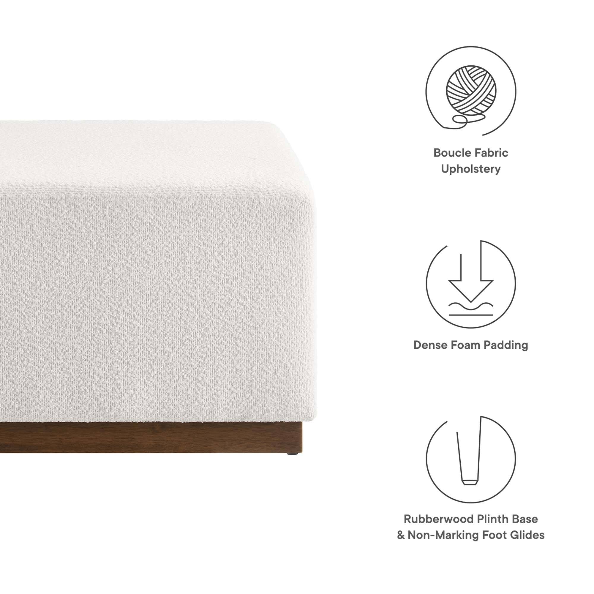 - Boucle Fabric Upholstery
- Dense Foam Padding
- Rubberwood Plinth Base & Non-Marking Foot Glides