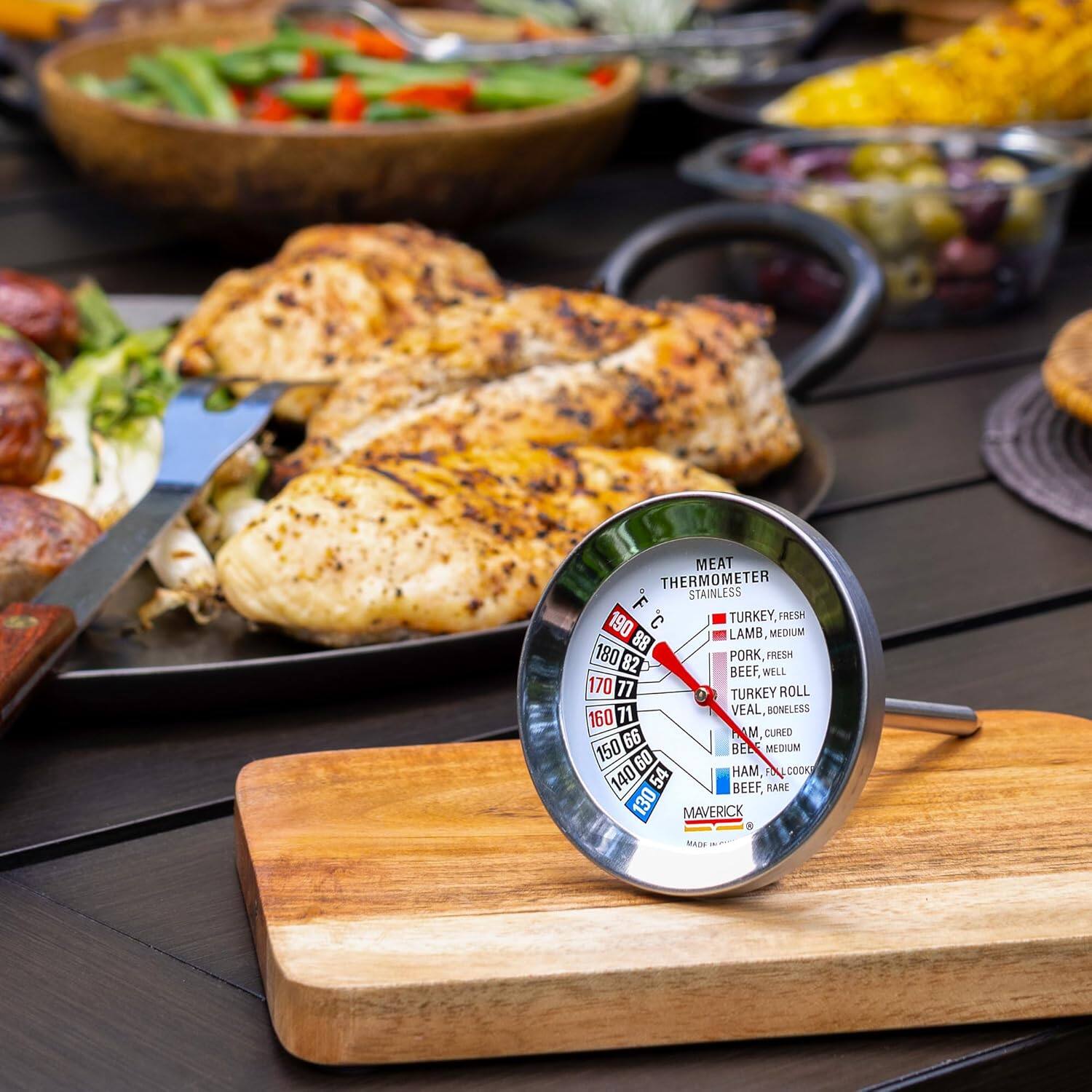 MEAT THERMOMETER STAINLESS  
- TURKEY, FRESH 190°F 88°C  
- LAMB, MEDIUM 180°F 82°C  
- PORK, FRESH 170°F 77°C  
- BEEF, WELL 160°F 71°C  
- TURKEY ROLL 150°F 66°C  
- VEAL, BONELESS 140°F 60°C  
- HAM, CURED 130°F 54°C  
- BEEF, MEDIUM 120°F 49°C  
- HAM, SMOKED 110°F 43°C  
- BEEF, RARE 130°F 54°C  

MAVERICK  
MADE IN USA