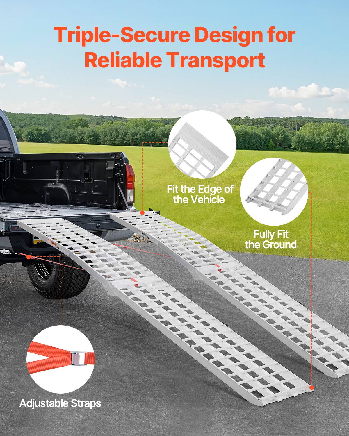 Triple-Secure Design for Reliable Transport  
- Fit the Edge of the Vehicle  
- Fully Fit the Ground  
- Adjustable Straps