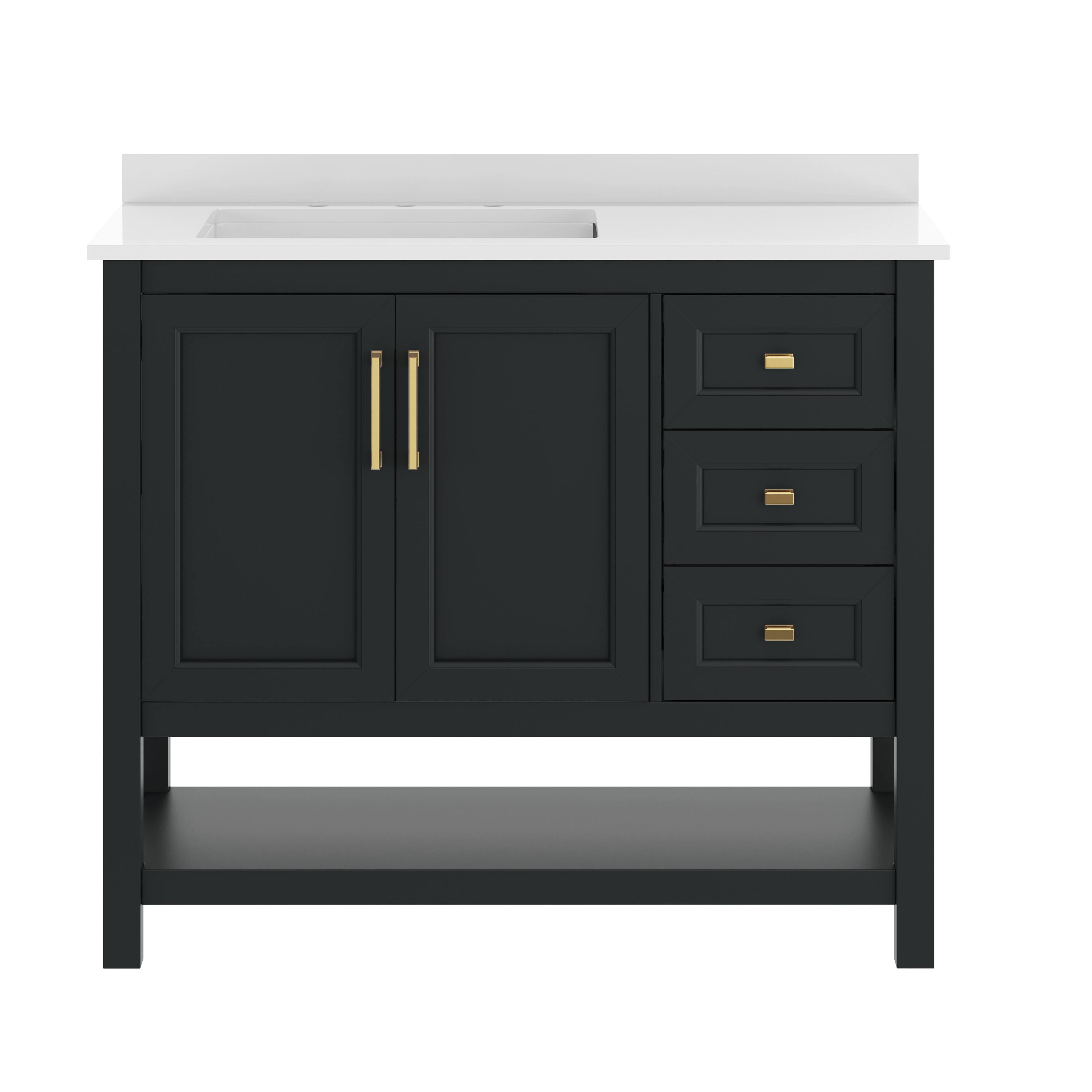Angle. Flash Furniture - Vega 42" Bathroom Vanity with Sink, Cabinet with Gold Hardware, Soft Close Doors, Open Shelf & 3 Drawers, Carrara Marble - Black.