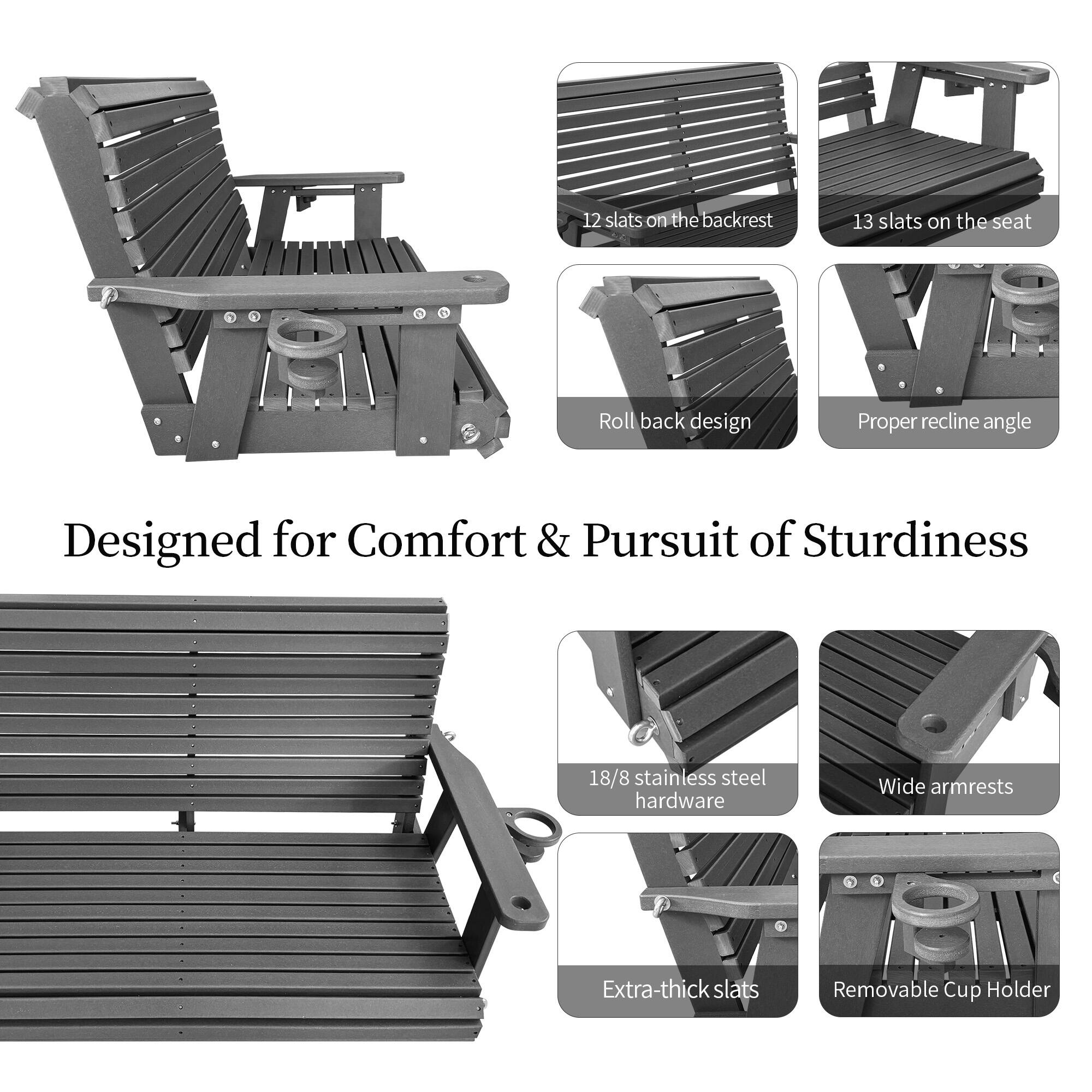 12 slats on the backrest  
13 slats on the seat  
Roll back design  
Proper recline angle  
Designed for Comfort & Pursuit of Sturdiness  
18/8 stainless steel hardware  
Wide armrests  
Extra-thick slats  
Removable Cup Holder