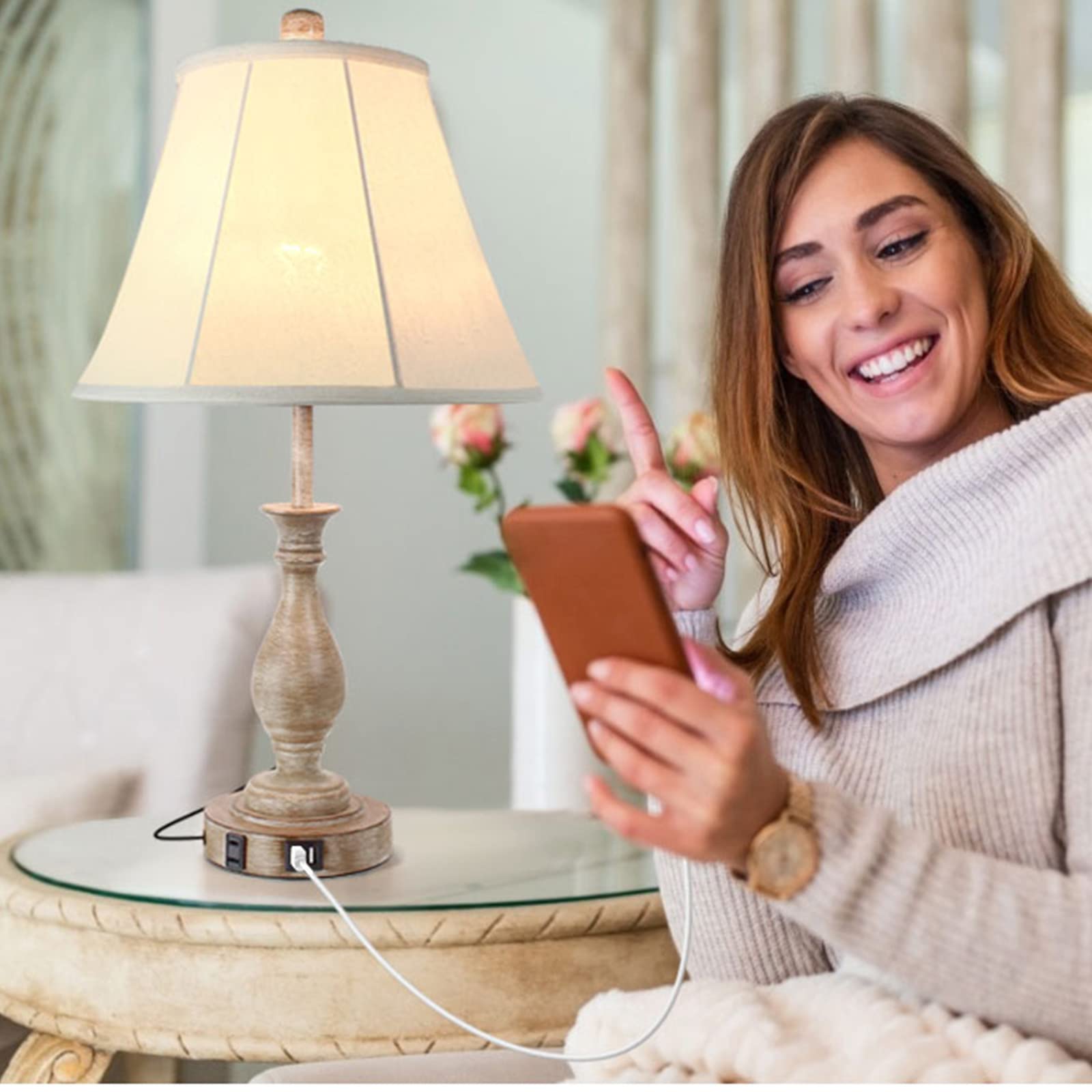 Alt View 6. Reds Spade - Farmhouse Table Lamp Touch Control Way Dimmable Table Lamp Modern Nightstand Lamp USB Port Bedside Desk - Pack 2-Beige Shade & Antique Black.