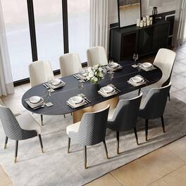POVISON - 94"Hobart Modern Oval Dining Table for 8-10, Oval Matte Sintered Stone Kitchen Table, Bronze Carbon Steel Base - Black