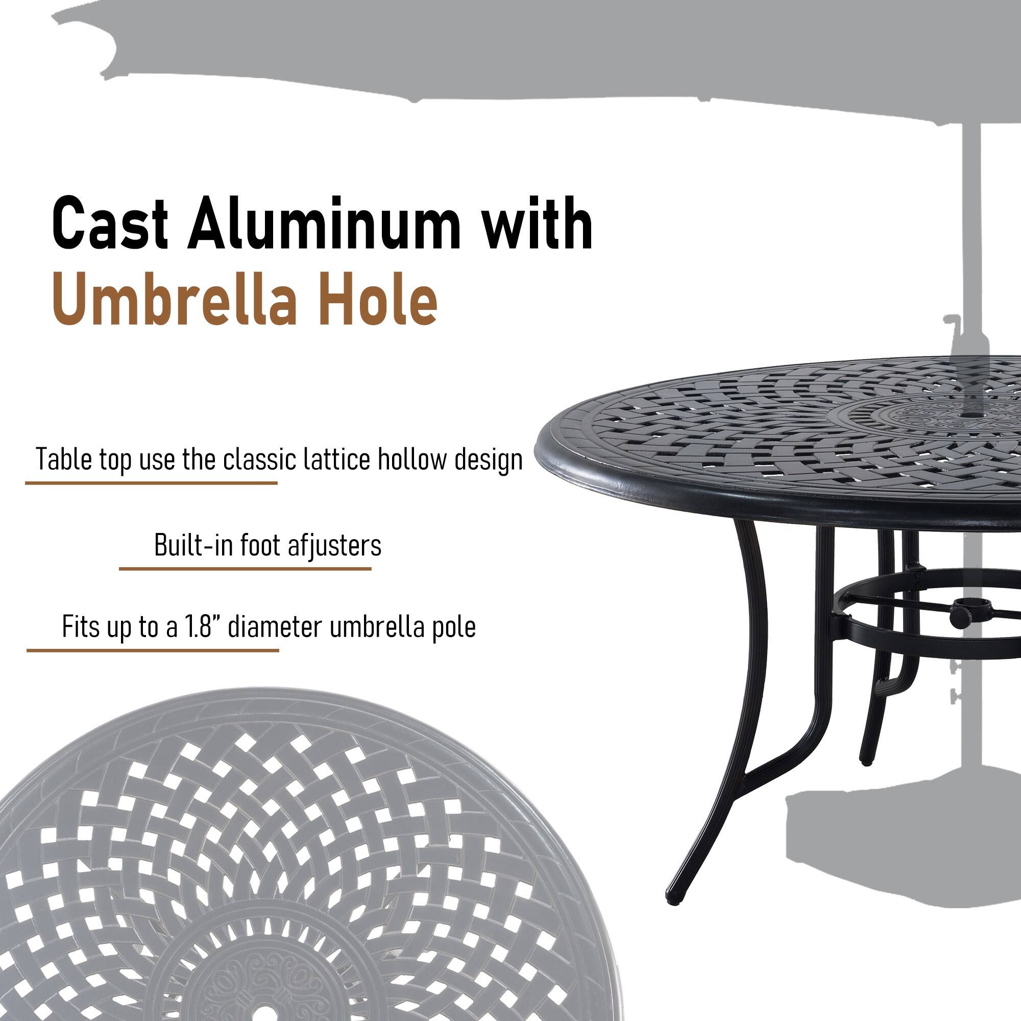 Cast Aluminum with Umbrella Hole

Table top use the classic lattice hollow design

Built-in foot adjusters

Fits up to a 1.8" diameter umbrella pole