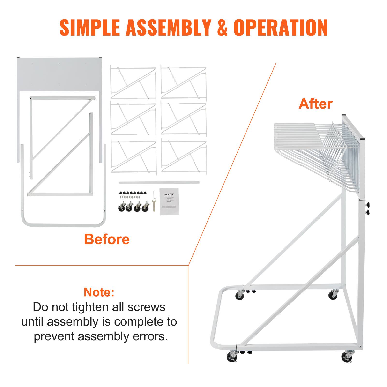 SIMPLE ASSEMBLY & OPERATION

Before

After

Note: Do not tighten all screws until assembly is complete to prevent assembly errors.