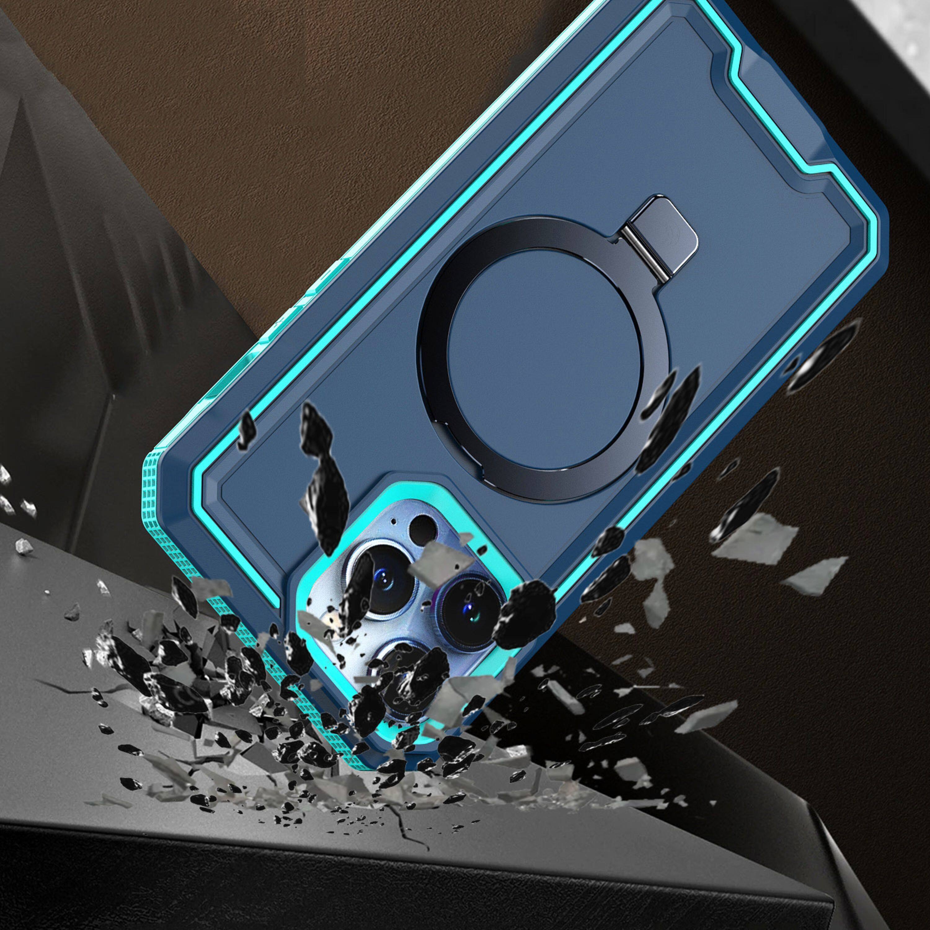 Left. Kitcheniva - Shockproof Rugged Magnet Circle Stand Fuse Phone Case With 2 Pcs Screen Protectors For iPhone 15 Pro Max Blue - Blue.