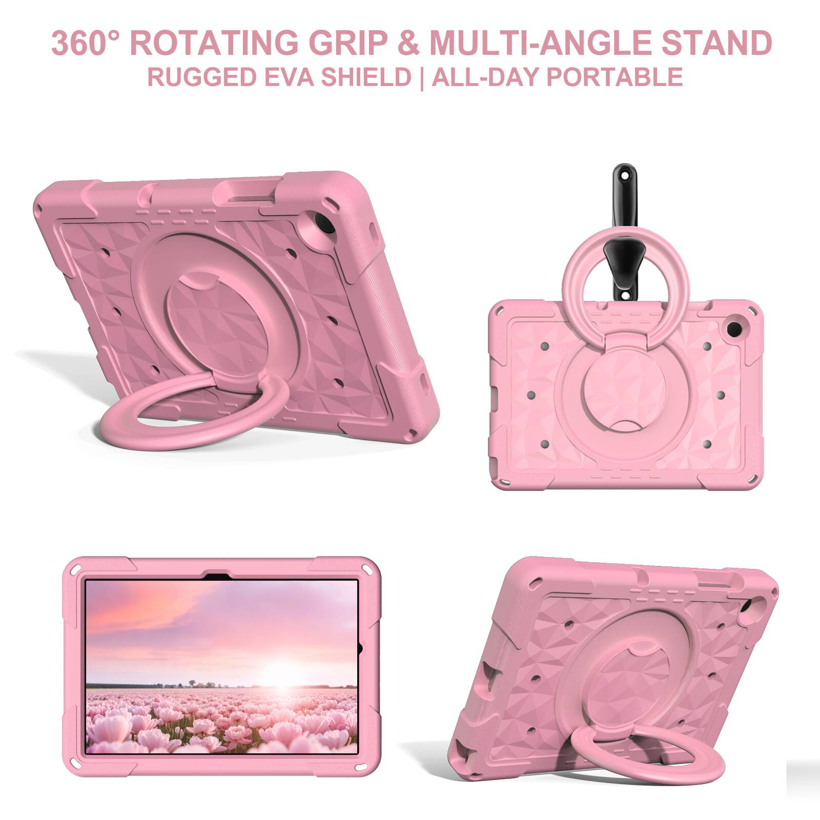 360° ROTATING GRIP & MULTI-ANGLE STAND  
RUGGED EVA SHIELD | ALL-DAY PORTABLE