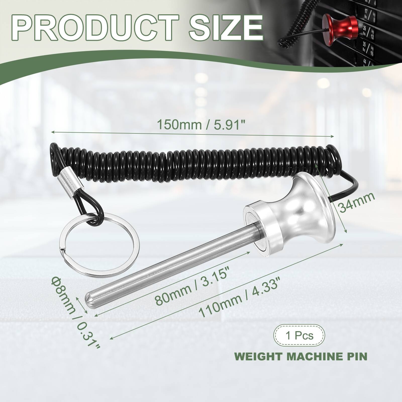PRODUCT SIZE

150mm / 5.91"  
34mm  
8mm / 0.31"  
8mm / 0.31"  
80mm / 3.15"  
110mm / 4.33"  

1 Pcs  

WEIGHT MACHINE PIN