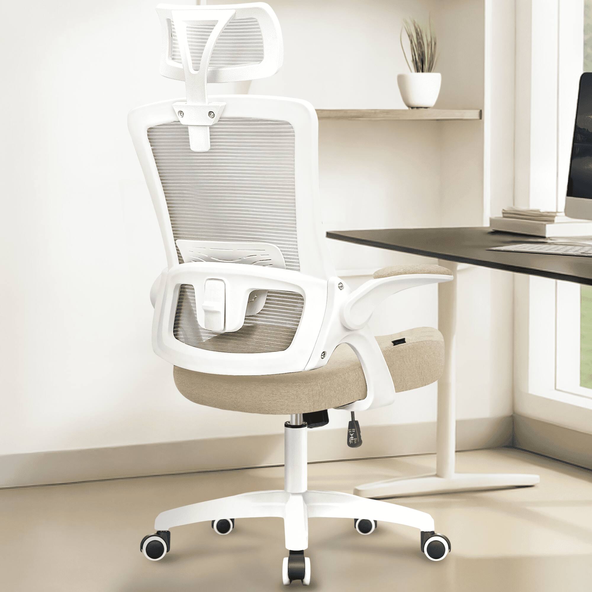 Angle. Neo Chair - Office Desk Chair Computer High Back Support Mesh Comfy Adjustable Ergonomic Headrest Lumbar Rolling Flip-up Armrests - Plastic Base-Beige.