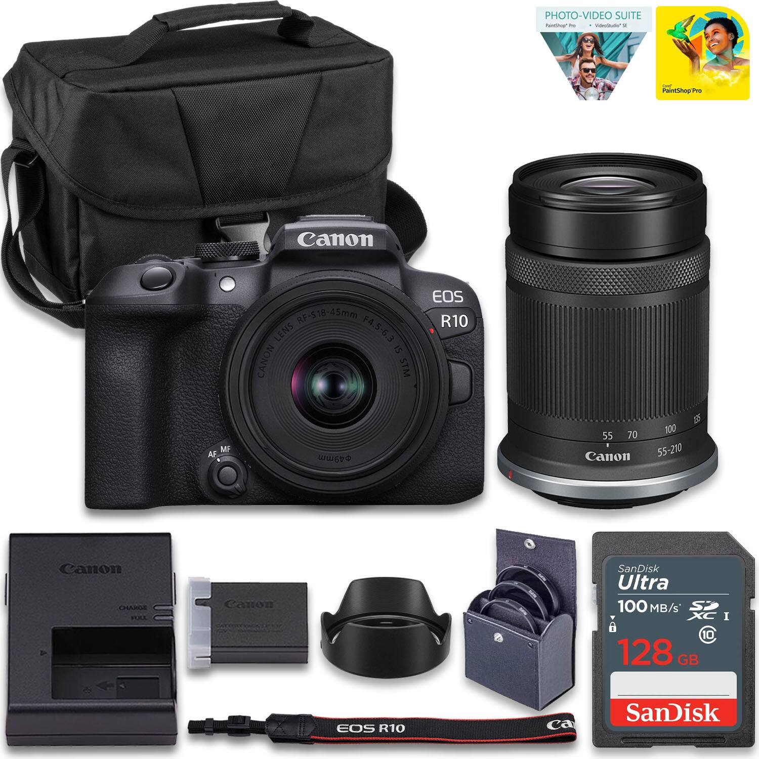 PHOTO-VIDEO SUITE Tentig ~ Vilecliale - PaintShop Pro Canon RF-S 18-45mm LENS F4.5-6.3 IS CANON STM EOS R10 MF AF w 55-210 Canon D 100 55-210 Canon CHARGE PULL Canon SanDisk Ultra 100 MB/s 0 10 128 GB I e EOS R10 ca SanDisk