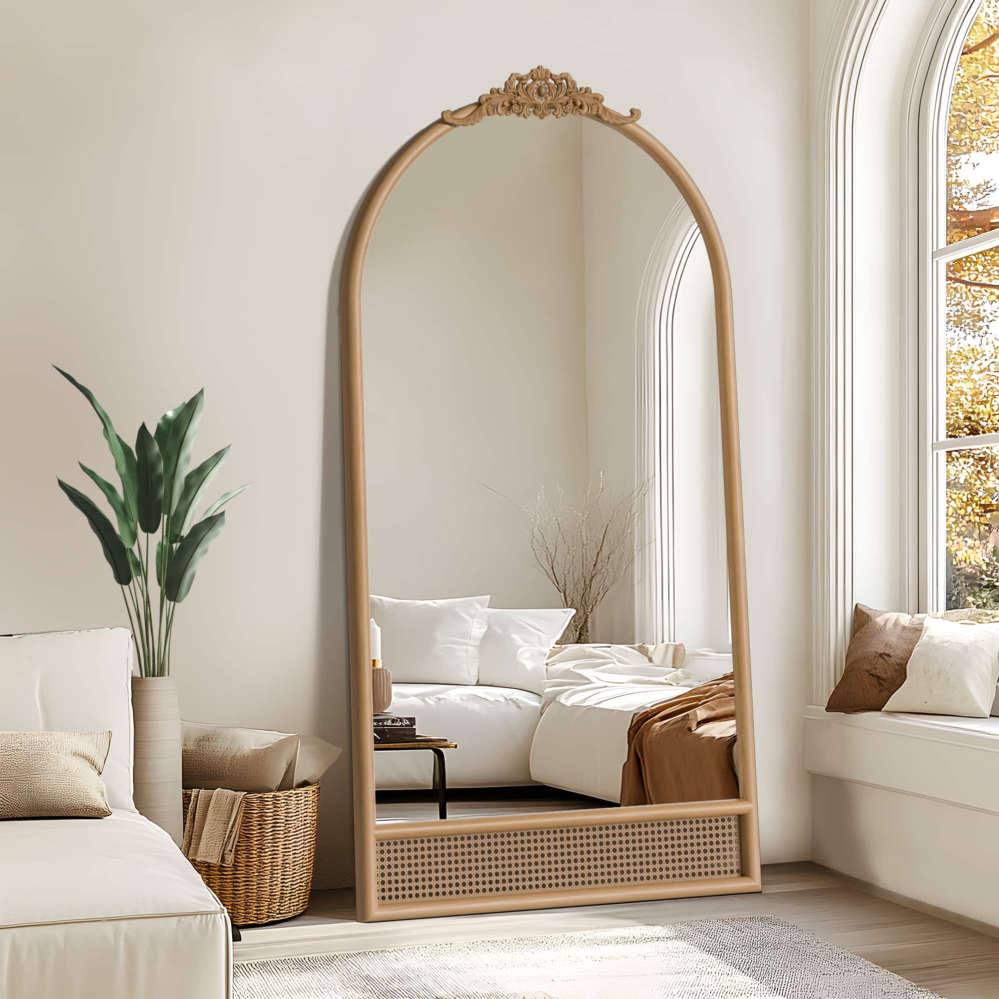 PexFix - 71"x37" Arched Full Length Mirror with Carved Top Natural Wood Frame with Rattan Accent Standing/Hanging Wall Mirror - Brown