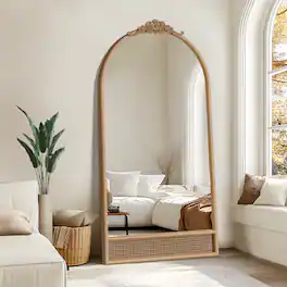 PexFix - 71"x37" Arched Full Length Mirror with Carved Top Natural Wood Frame with Rattan Accent Standing/Hanging Wall Mirror - Brown