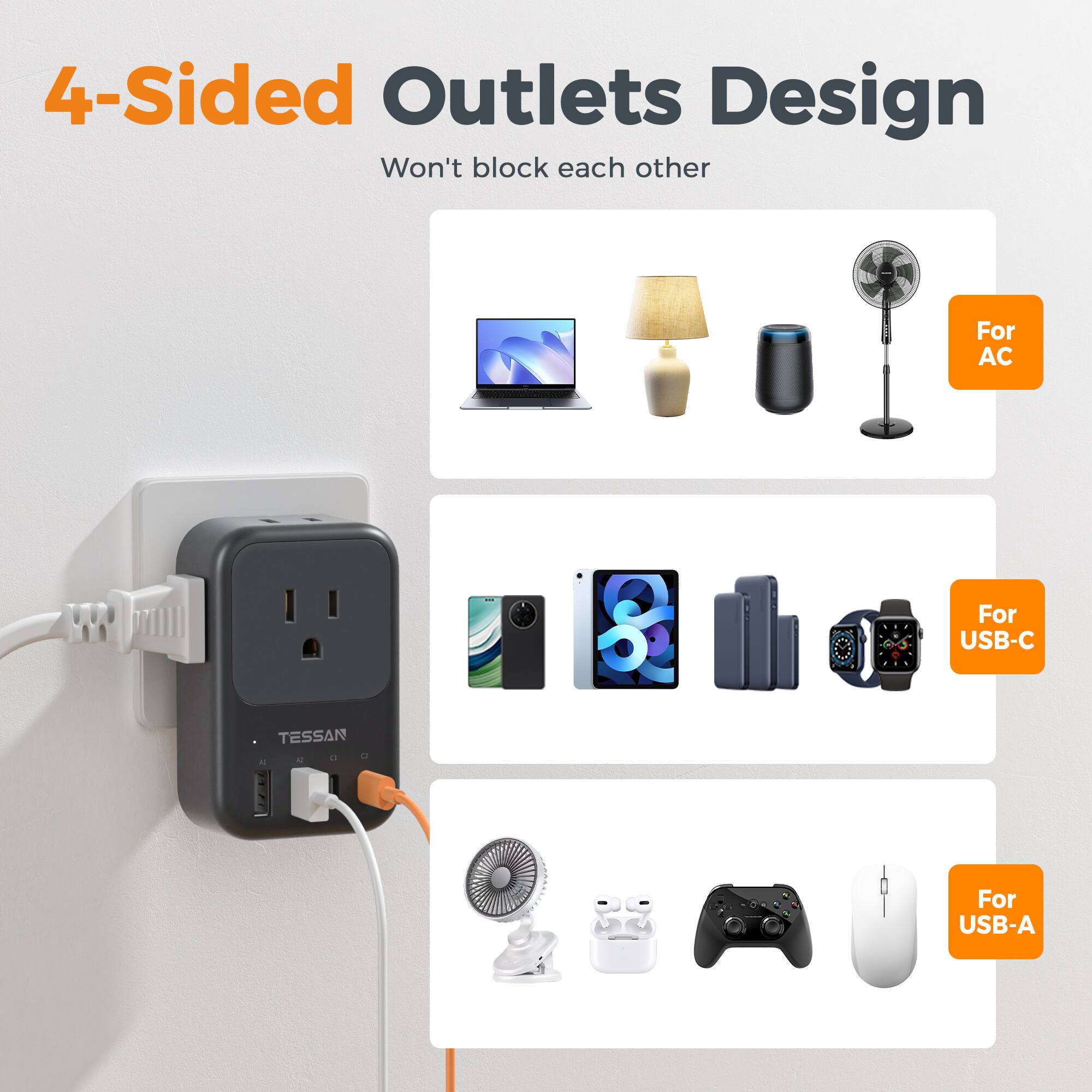 4-Sided Outlets Design Won't block each other

For AC
For USB-C
TESSAN
For USB-A