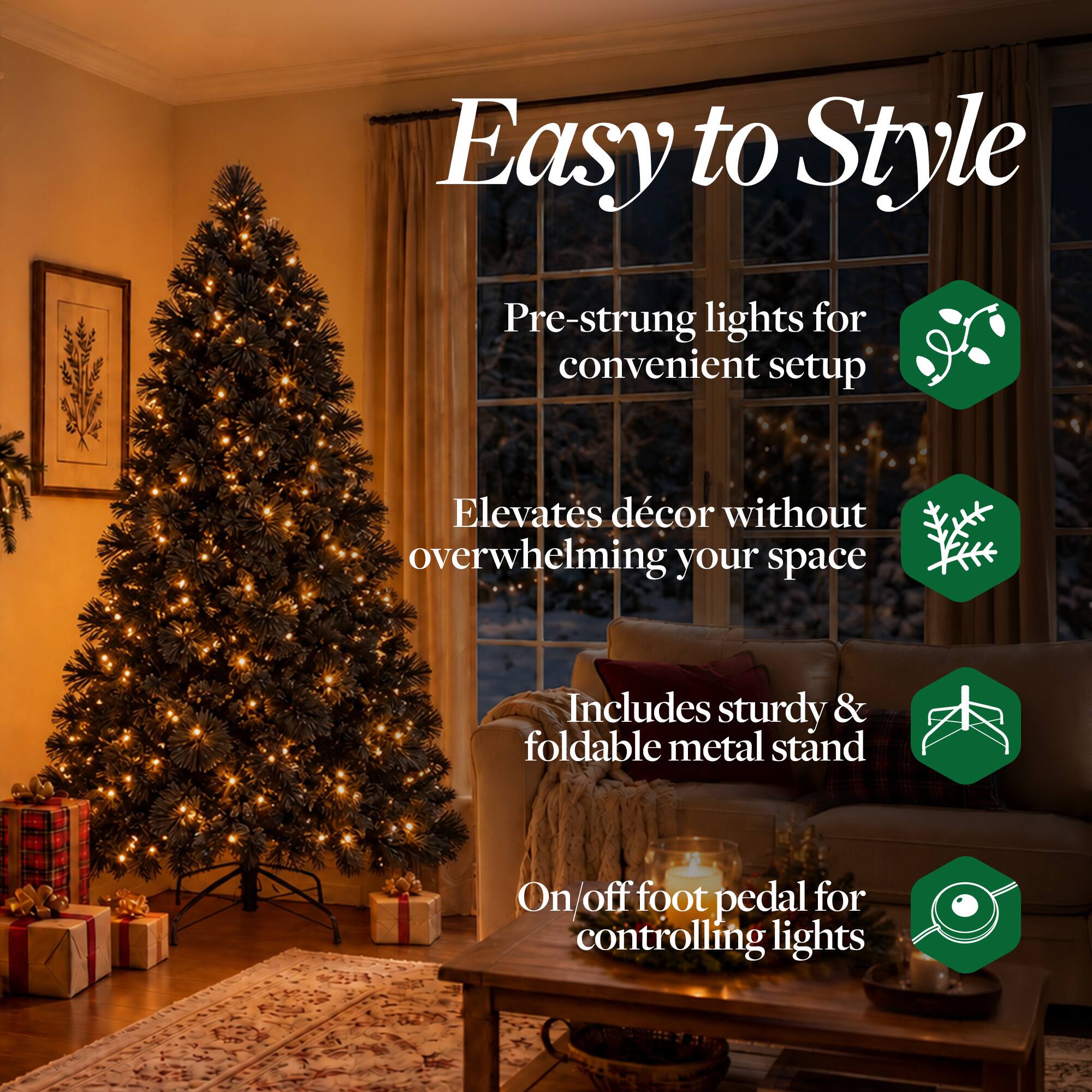 Easy to Style

Pre-strung lights for convenient setup

Elevates décor without overwhelming your space

Includes sturdy & foldable metal stand

On/off foot pedal for controlling lights