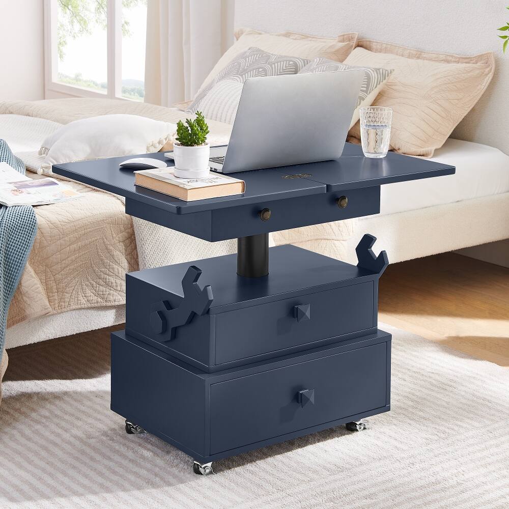 Angle. Loheer - Adjustable Height End Table with Charging Station, Rolling Side Table with Lift Top, Storage Drawers, White High-Gloss - White.