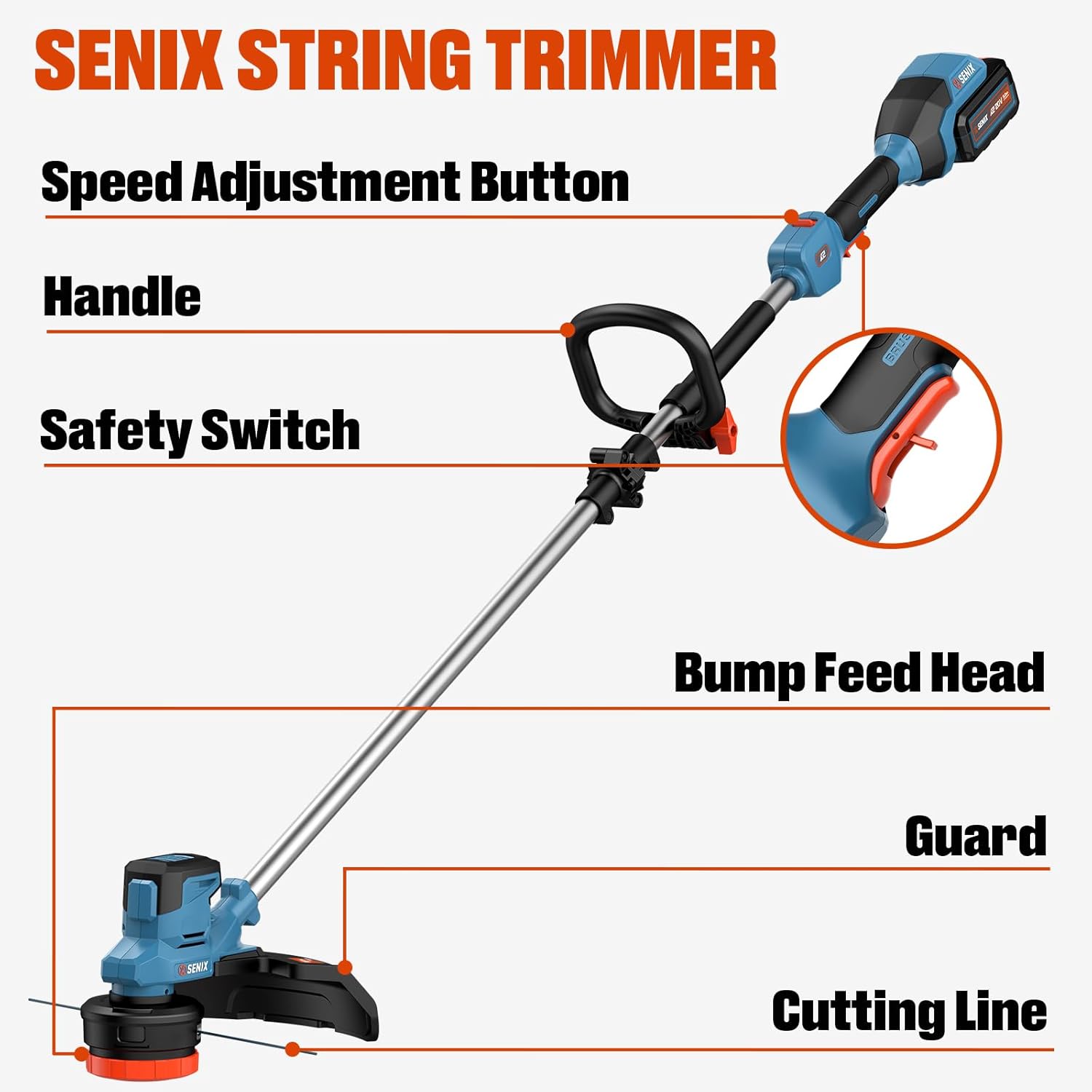 SENIX STRING TRIMMER

- Speed Adjustment Button
- Handle
- Safety Switch
- Bump Feed Head
- Guard
- Cutting Line