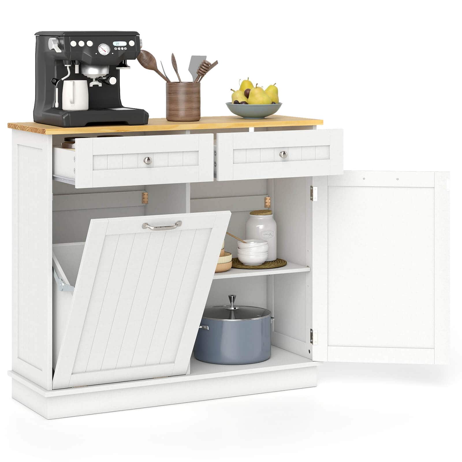 Costway - 15.5 Gallon Kitchen Tilt Out Trash Cabinet Rubber Wood Tabletop 2 Drawers - White